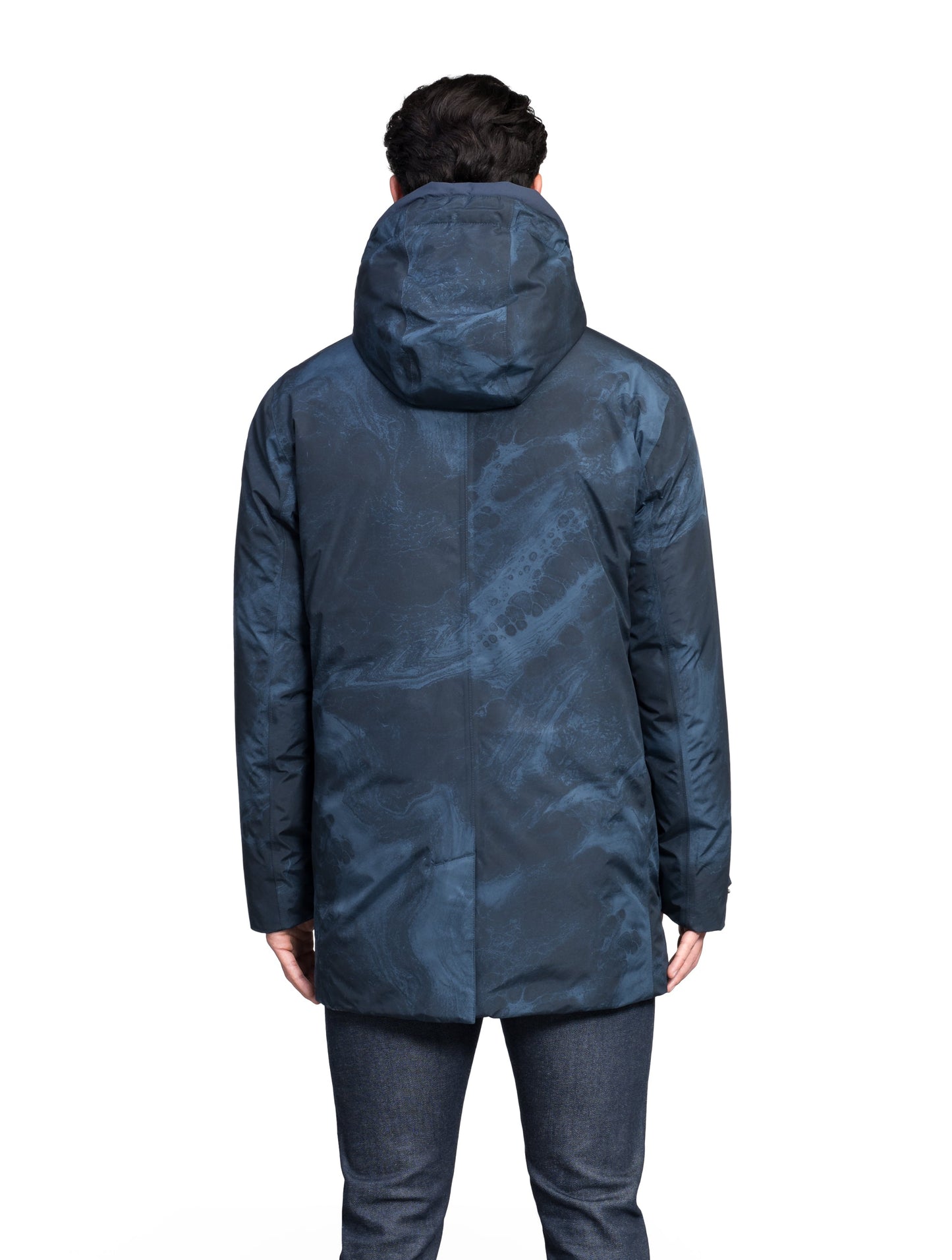 Kason Men's Light Down Parka in thigh length, premium 3-ply micro denier and stretch ripstop fabrication, Premium Canadian origin White Duck Down insulation, non-removable down-filled hood, two-way centre-front zipper, magnetic closure wind flap, fleece-lined pockets at chest and waist, flap pockets at waist, pit zipper vents, in Navy