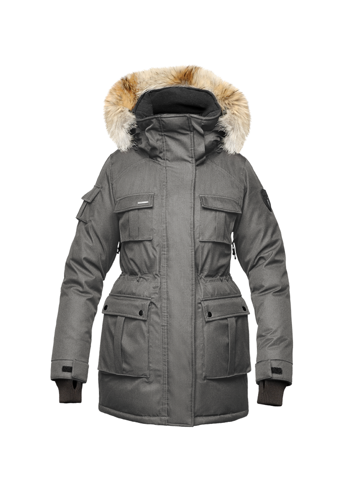 Kid's knee length parka with magnetized closure in CH Steel Grey