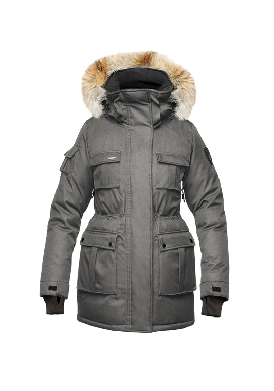 Kid's knee length parka with magnetized closure in CH Steel Grey + CH Steel Grey