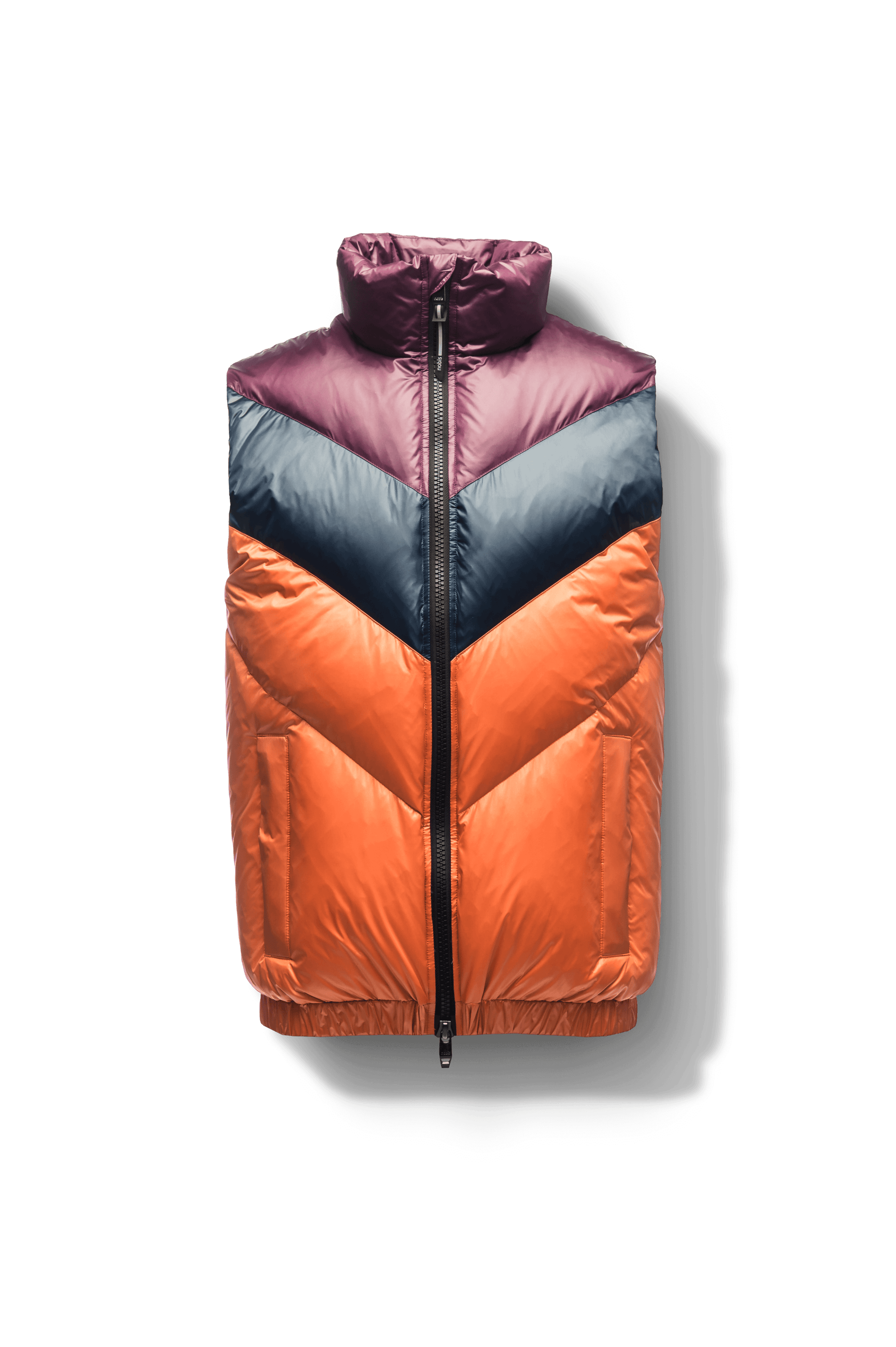 Kylo Men's Chevron Quilted Vest in hip length, premium cire technical nylon taffeta fabrication, Premium Canadian origin White Duck Down insulation, two-way centre-front zipper, fleece-lined pockets at waist, elasticized waistband, in Burnt Orange