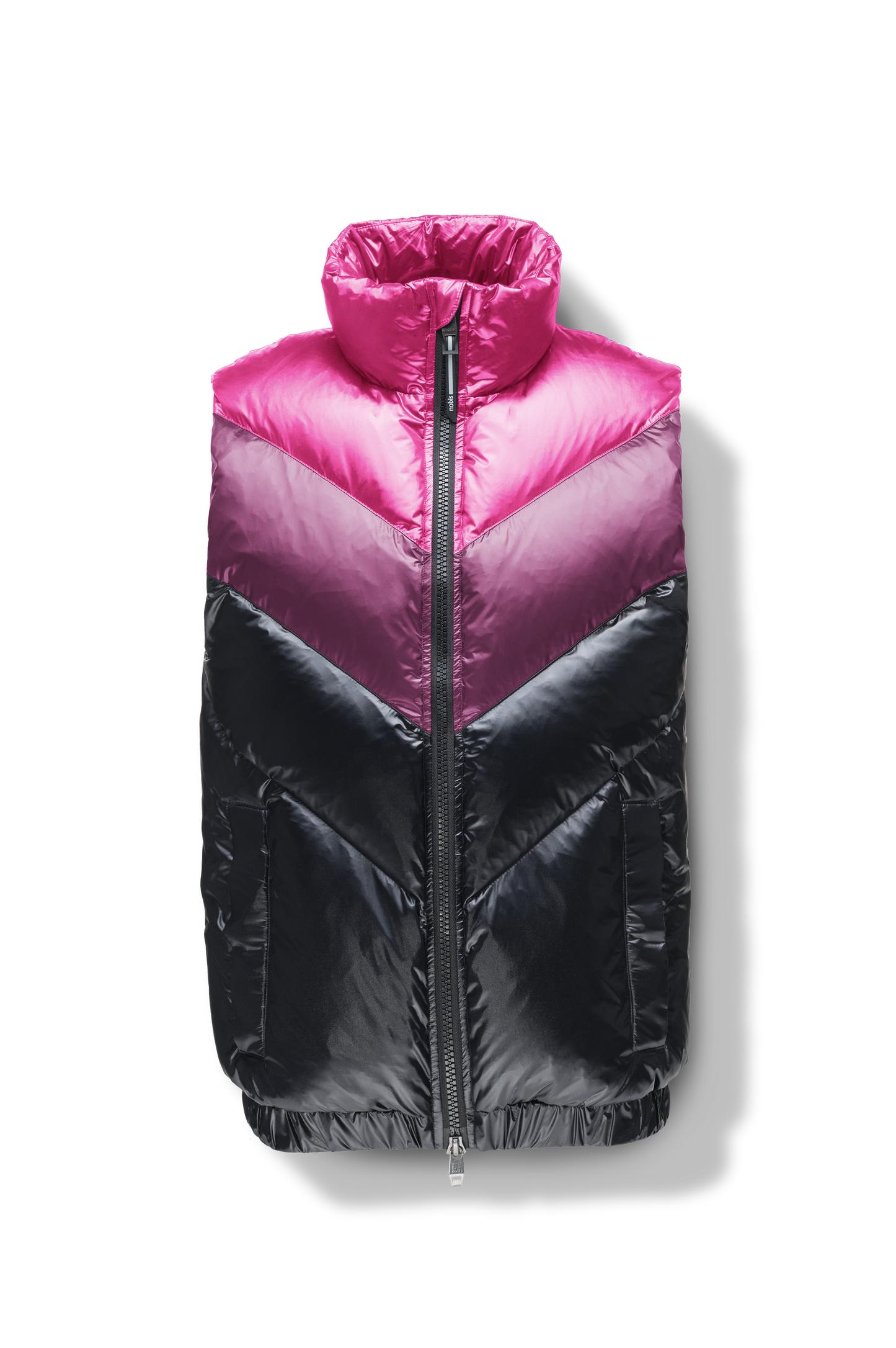 Kylo Men's Chevron Quilted Vest in hip length, premium cire technical nylon taffeta fabrication, Premium Canadian origin White Duck Down insulation, two-way centre-front zipper, fleece-lined pockets at waist, elasticized waistband, in Festival Fushia/Potent Purple