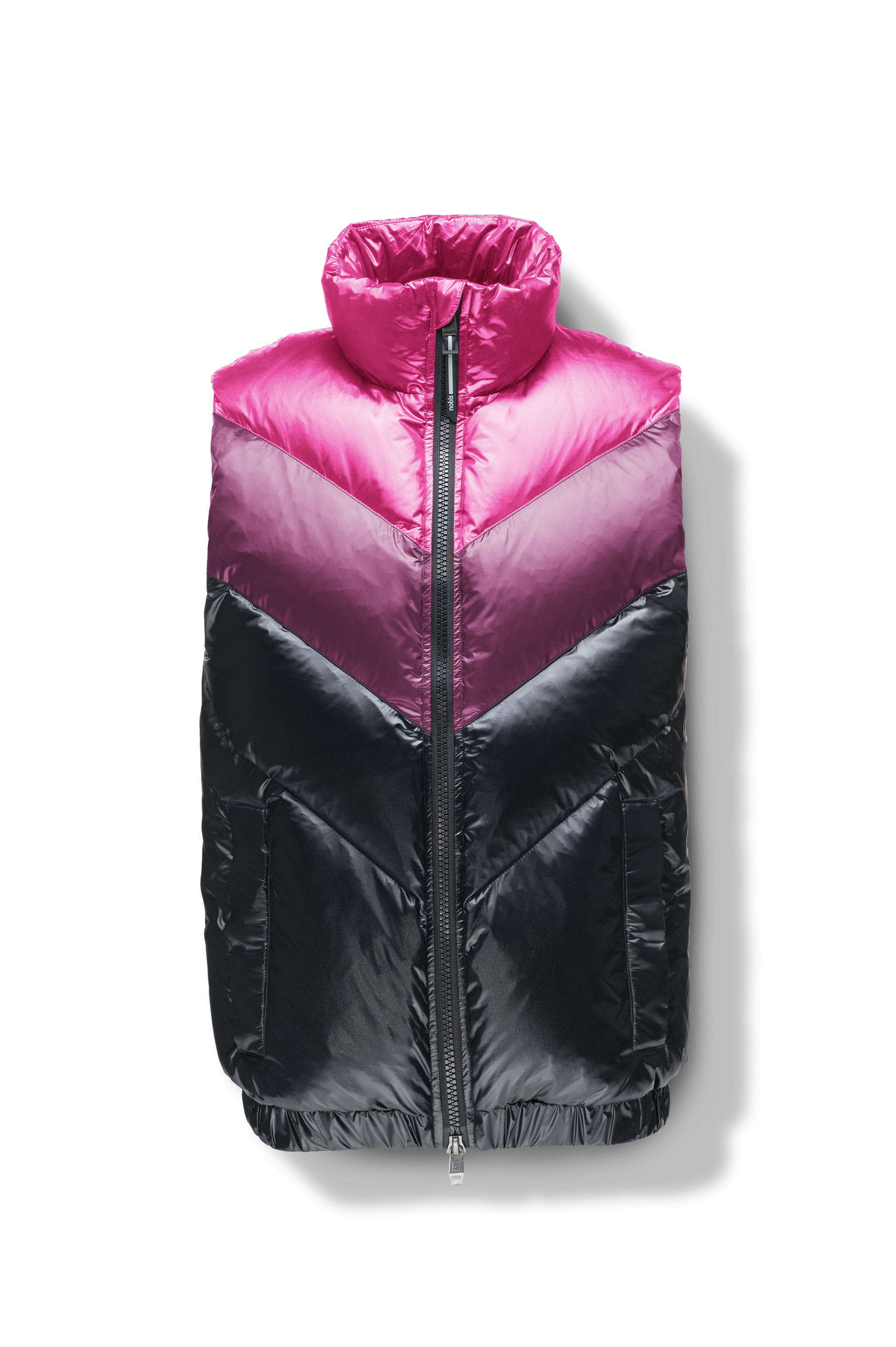 Kylo Men's Chevron Quilted Vest in hip length, premium cire technical nylon taffeta fabrication, Premium Canadian origin White Duck Down insulation, two-way centre-front zipper, fleece-lined pockets at waist, elasticized waistband, in Festival Fushia/Potent Purple