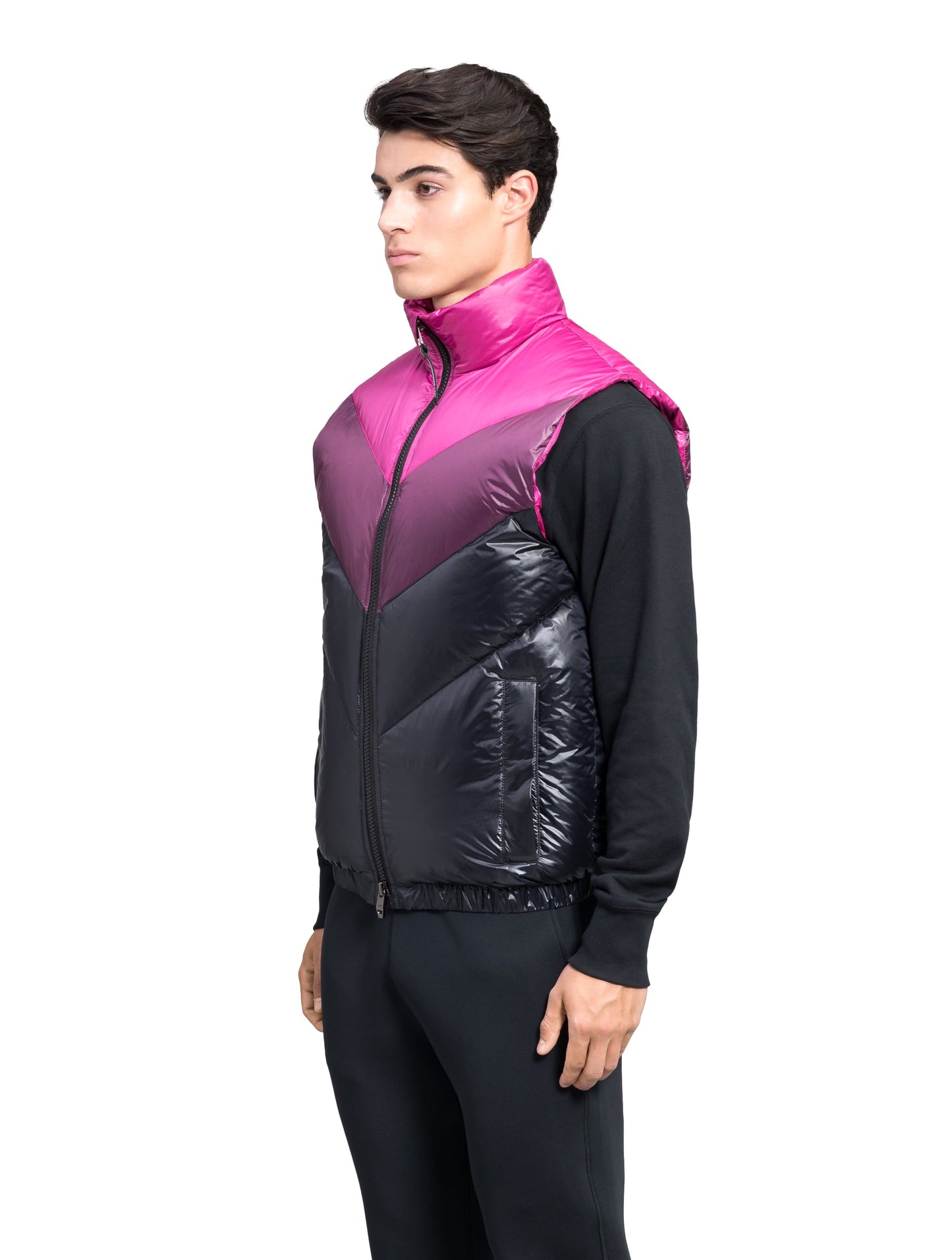 Kylo Men's Chevron Quilted Vest in hip length, premium cire technical nylon taffeta fabrication, Premium Canadian origin White Duck Down insulation, two-way centre-front zipper, fleece-lined pockets at waist, elasticized waistband, in Festival Fushia/Potent Purple