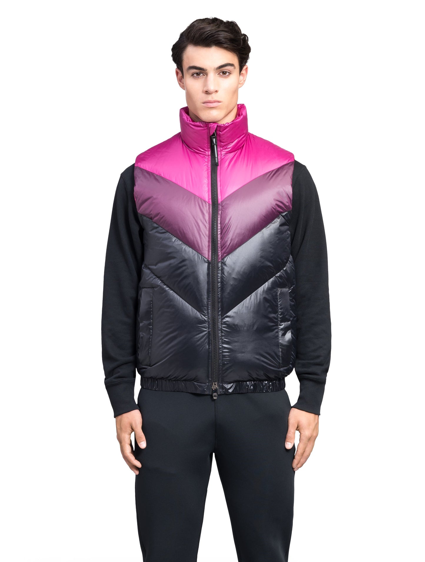 Kylo Men's Chevron Quilted Vest in hip length, premium cire technical nylon taffeta fabrication, Premium Canadian origin White Duck Down insulation, two-way centre-front zipper, fleece-lined pockets at waist, elasticized waistband, in Festival Fushia/Potent Purple