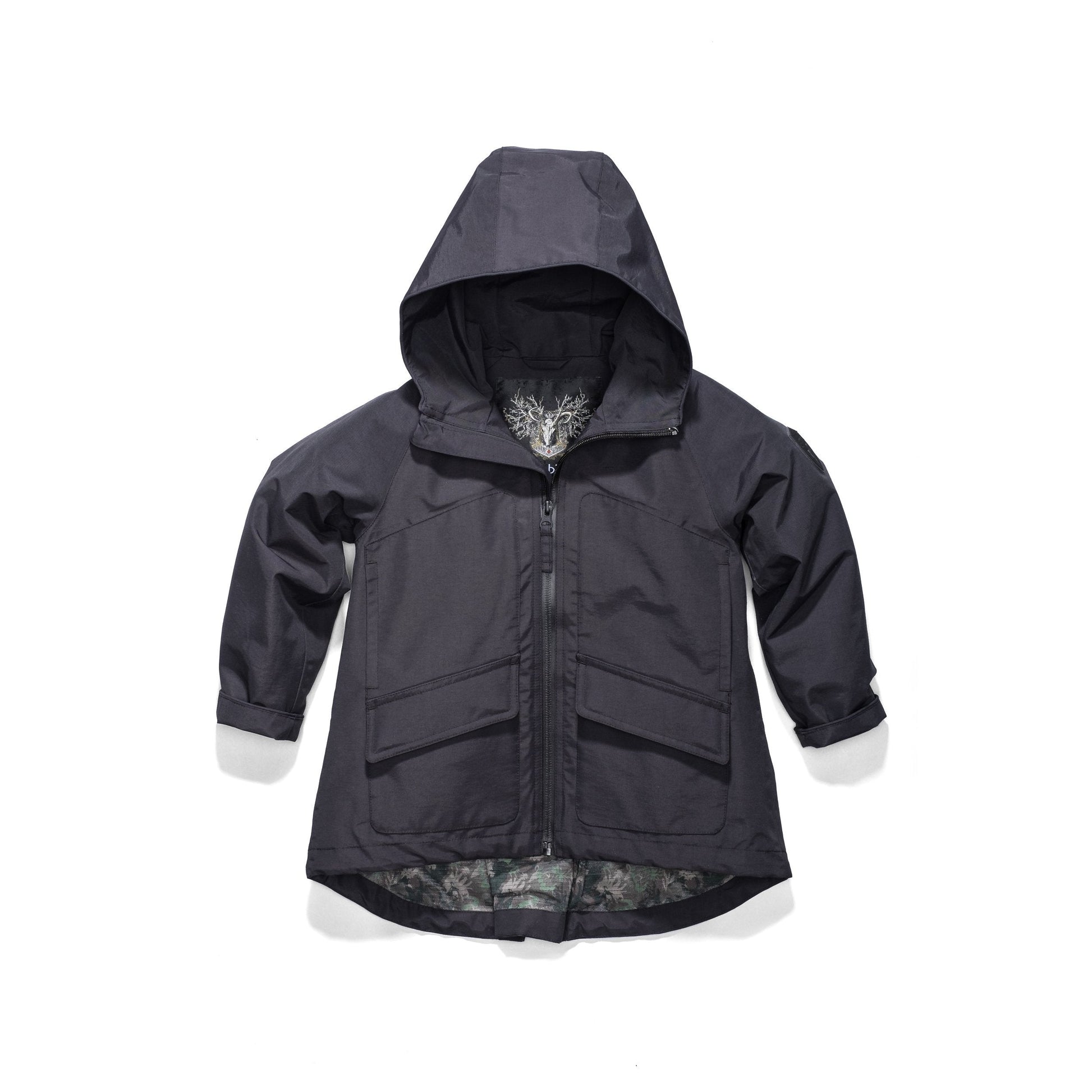 Kid's hip length fishtail rain jacket with hood in Black