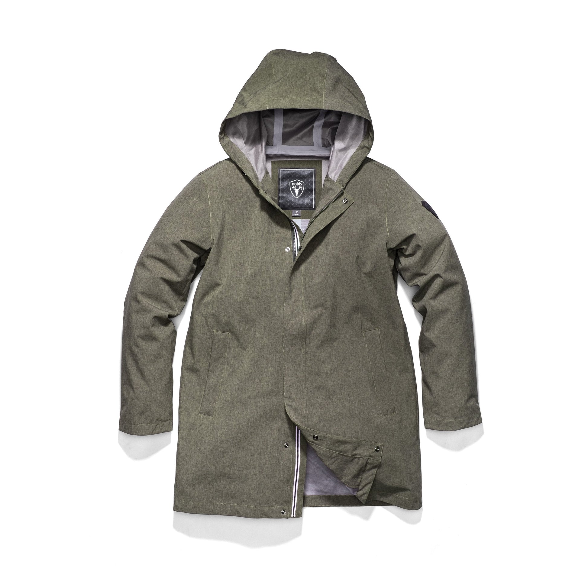 Men's thigh length rain coat with hood in Army Green