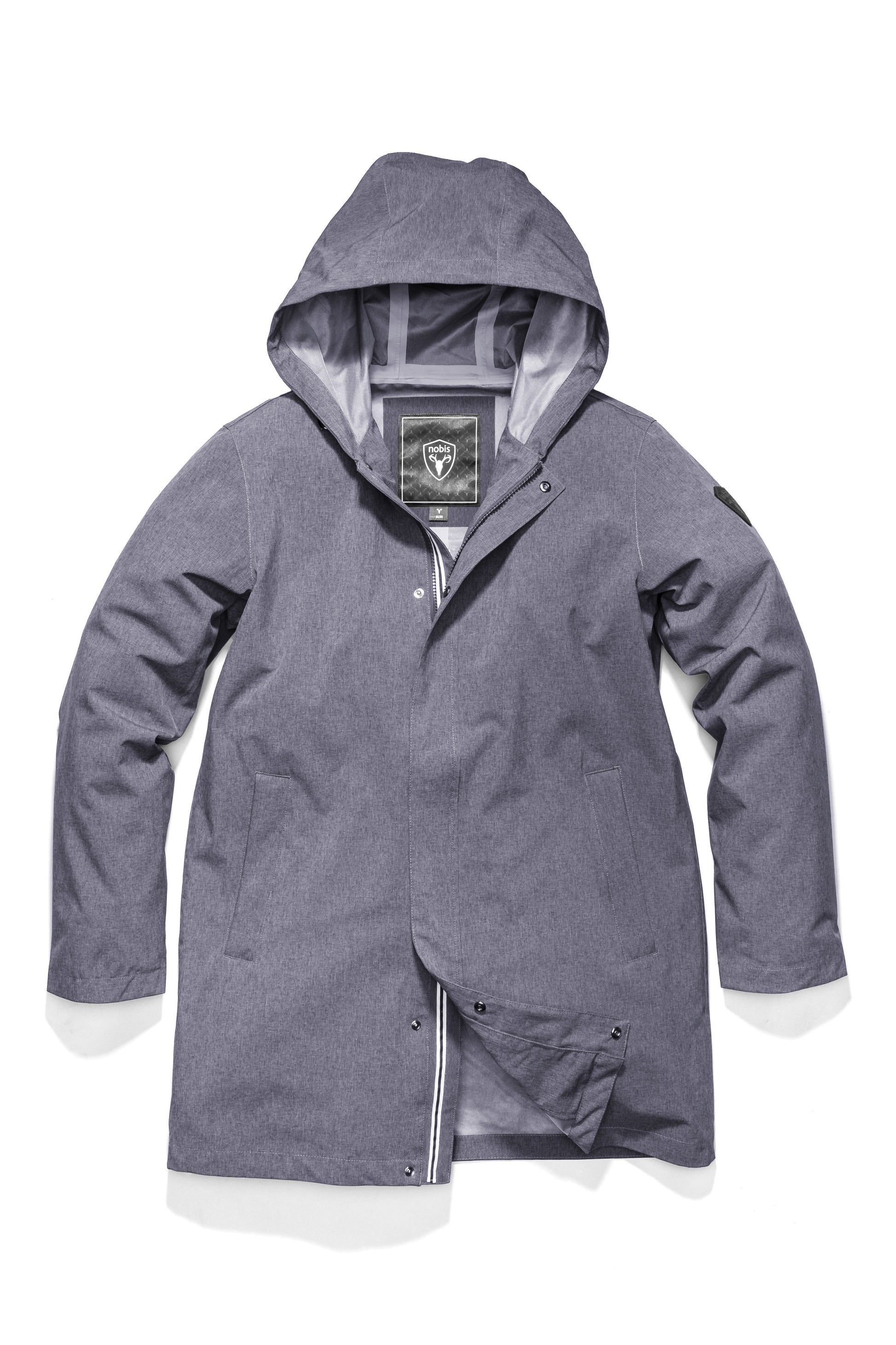 Men's thigh length rain coat with hood in Dk Grey