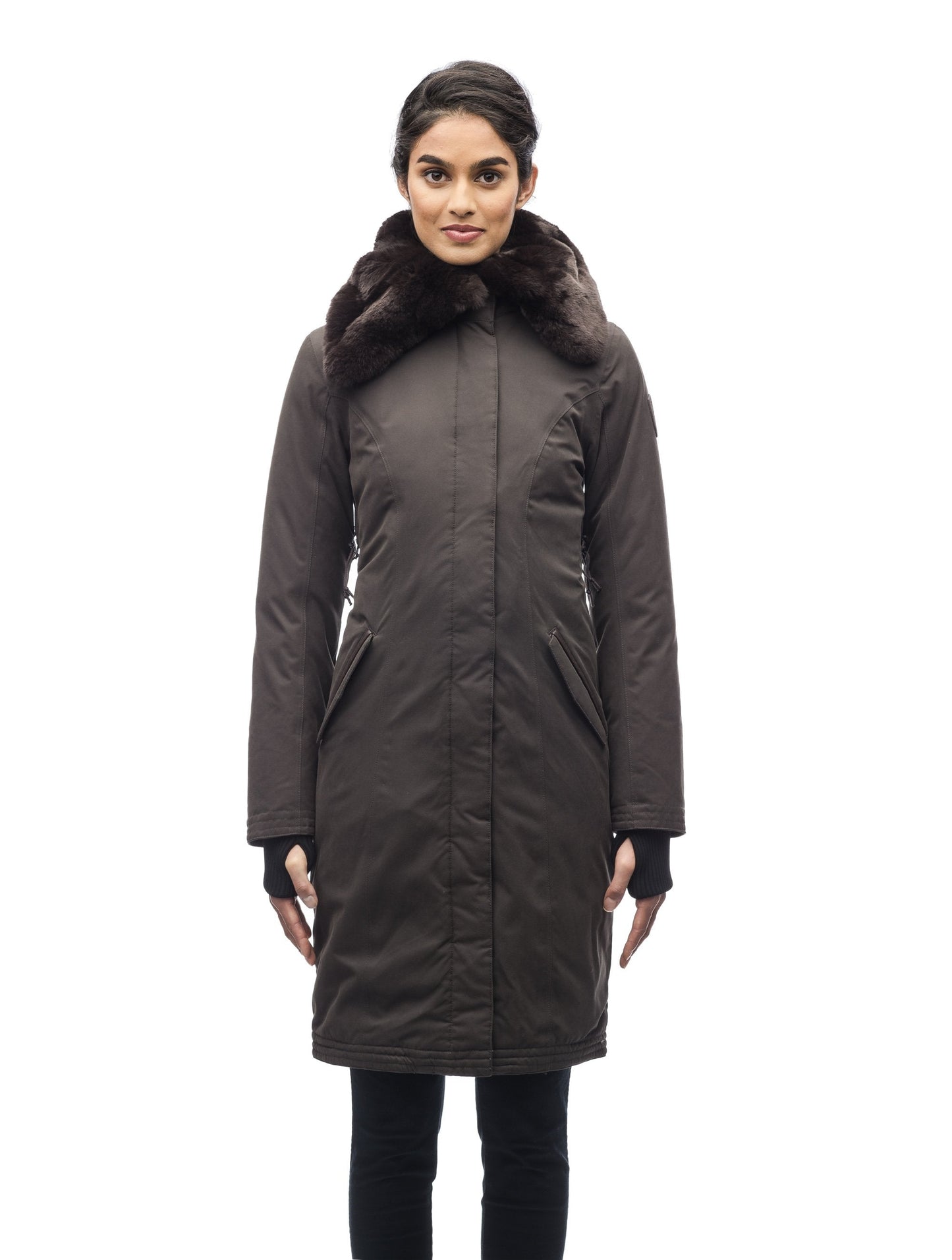 Women's down filled overcoat with fur trim in Dark Brown