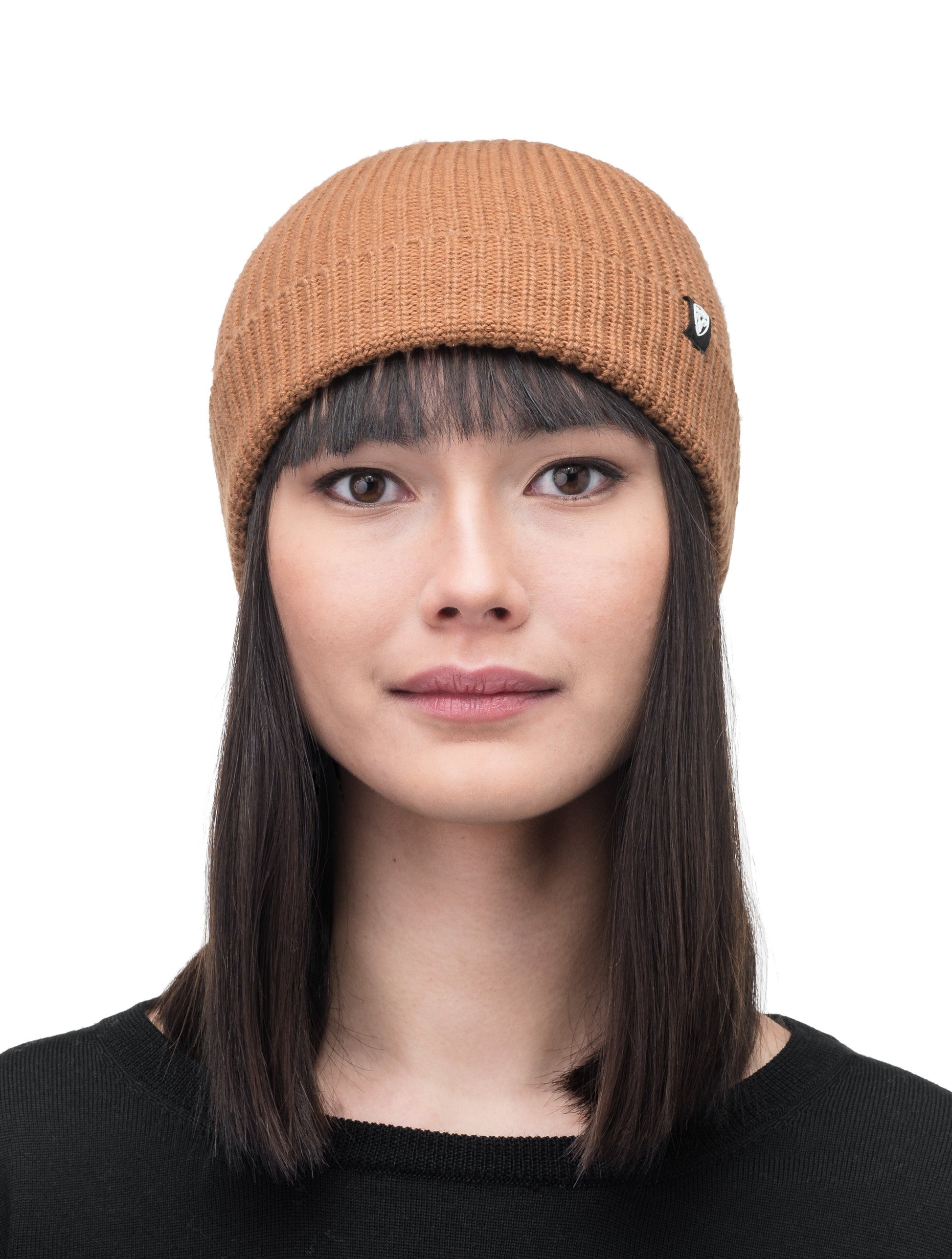 Elain Unisex Knit Toque in ribbed fabric, and Nobis label on cuff, in Cognac