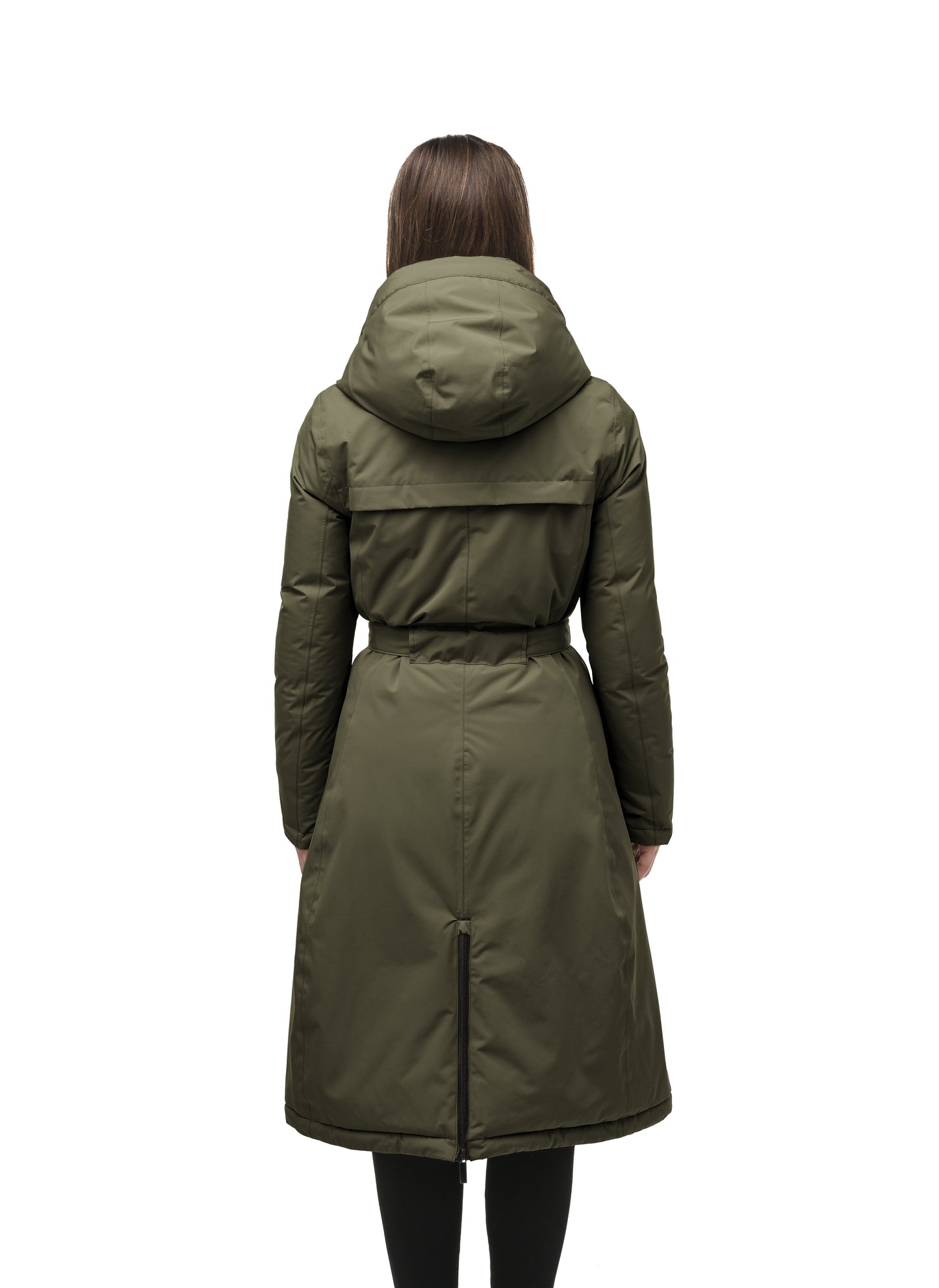 Long calf length hooded women's winter parka with an inner hip length closure, exterior hem length zipper and magentic placket in Fatigue