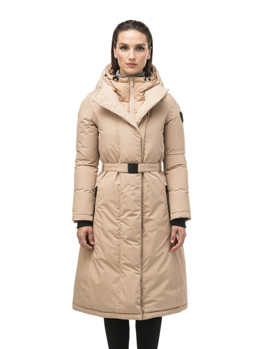 Long calf length hooded women's winter parka with an inner hip length closure, exterior hem length zipper and magentic placket in Fawn + Fawn