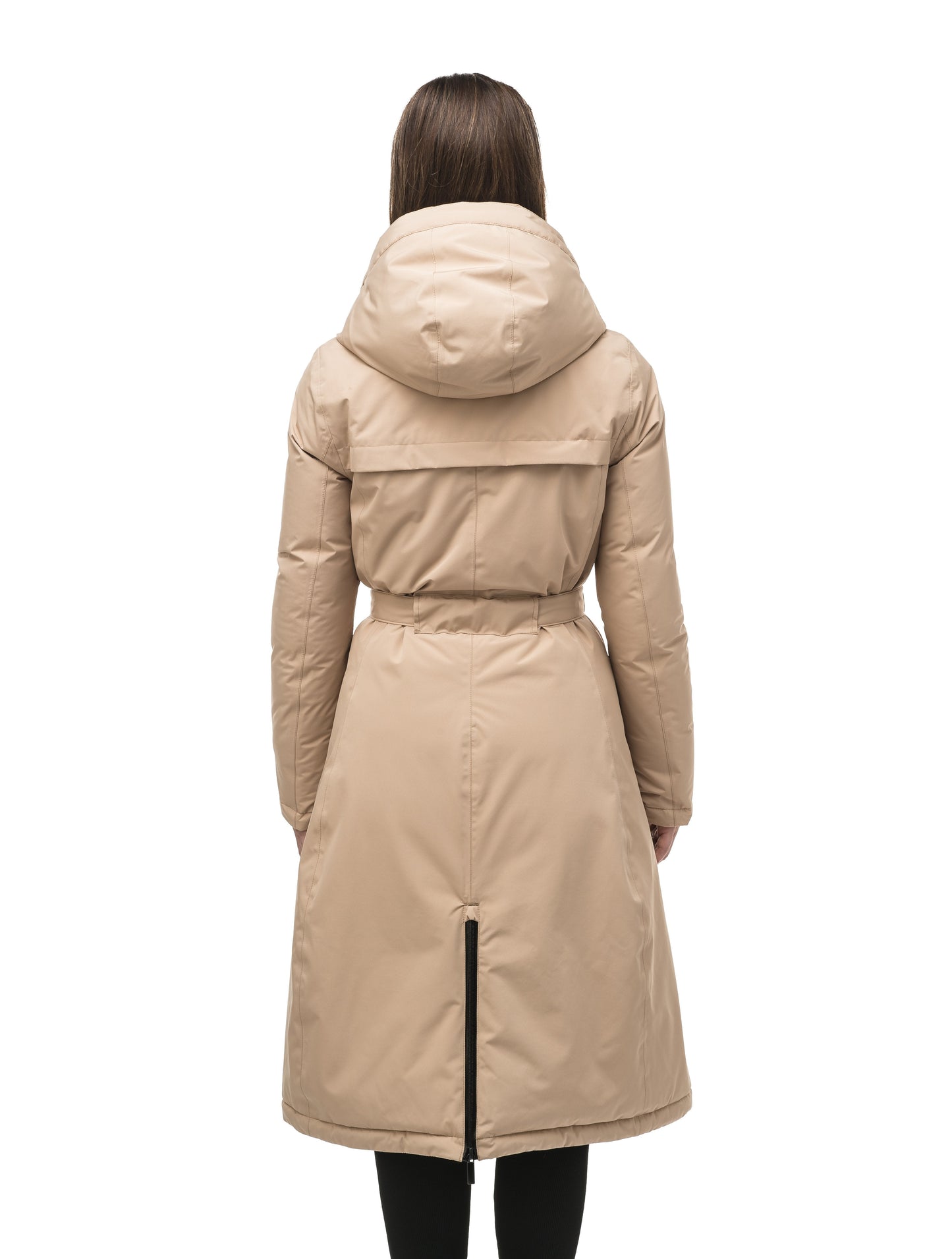 Long calf length hooded women's winter parka with an inner hip length closure, exterior hem length zipper and magentic placket in Fawn