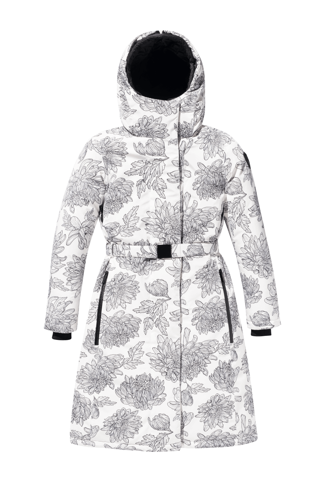 Long calf length hooded women's winter parka with an inner hip length closure, exterior hem length zipper and magnetic placket in White Floral