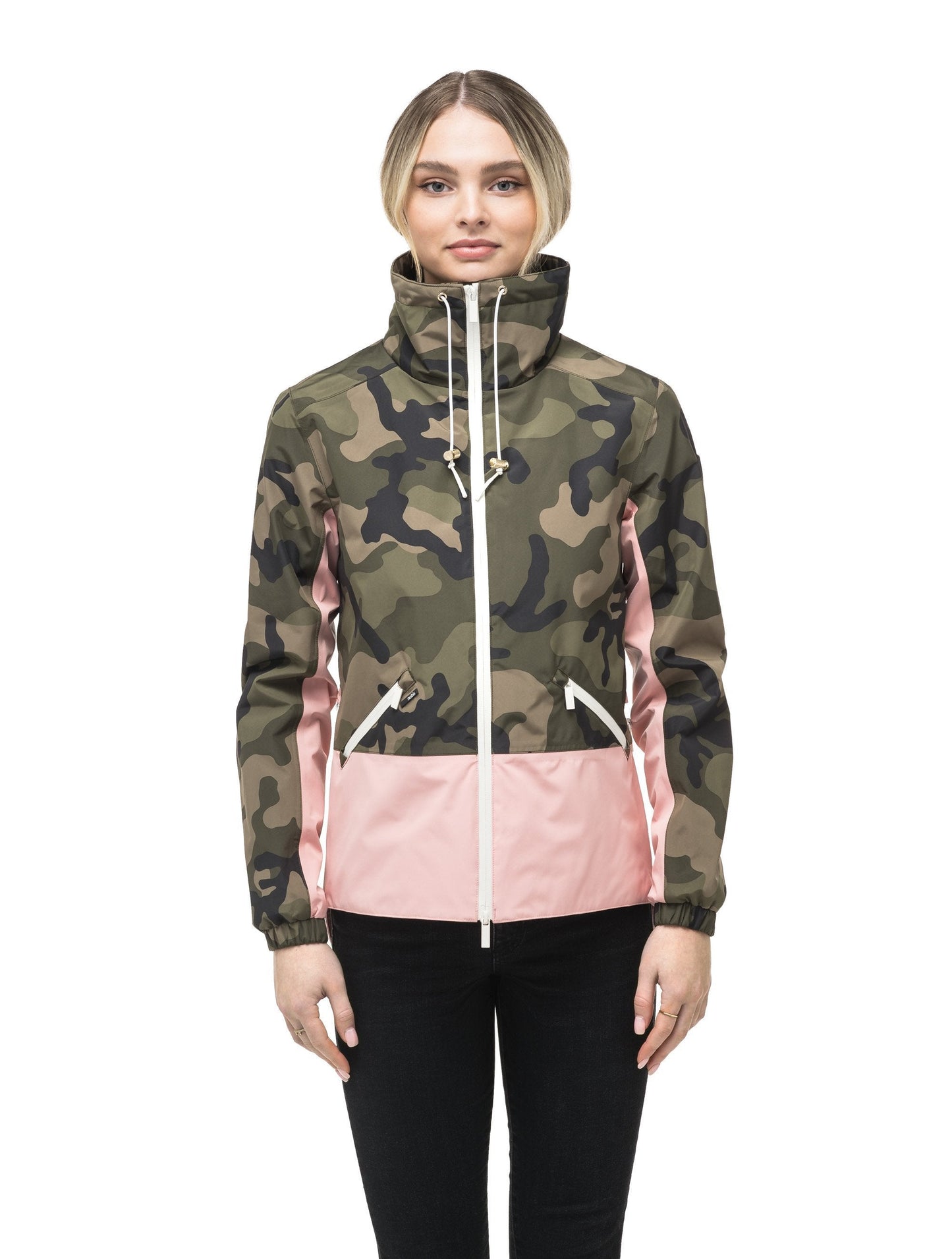 Leah waist length women's jacket in the Camo/Shell Pink color