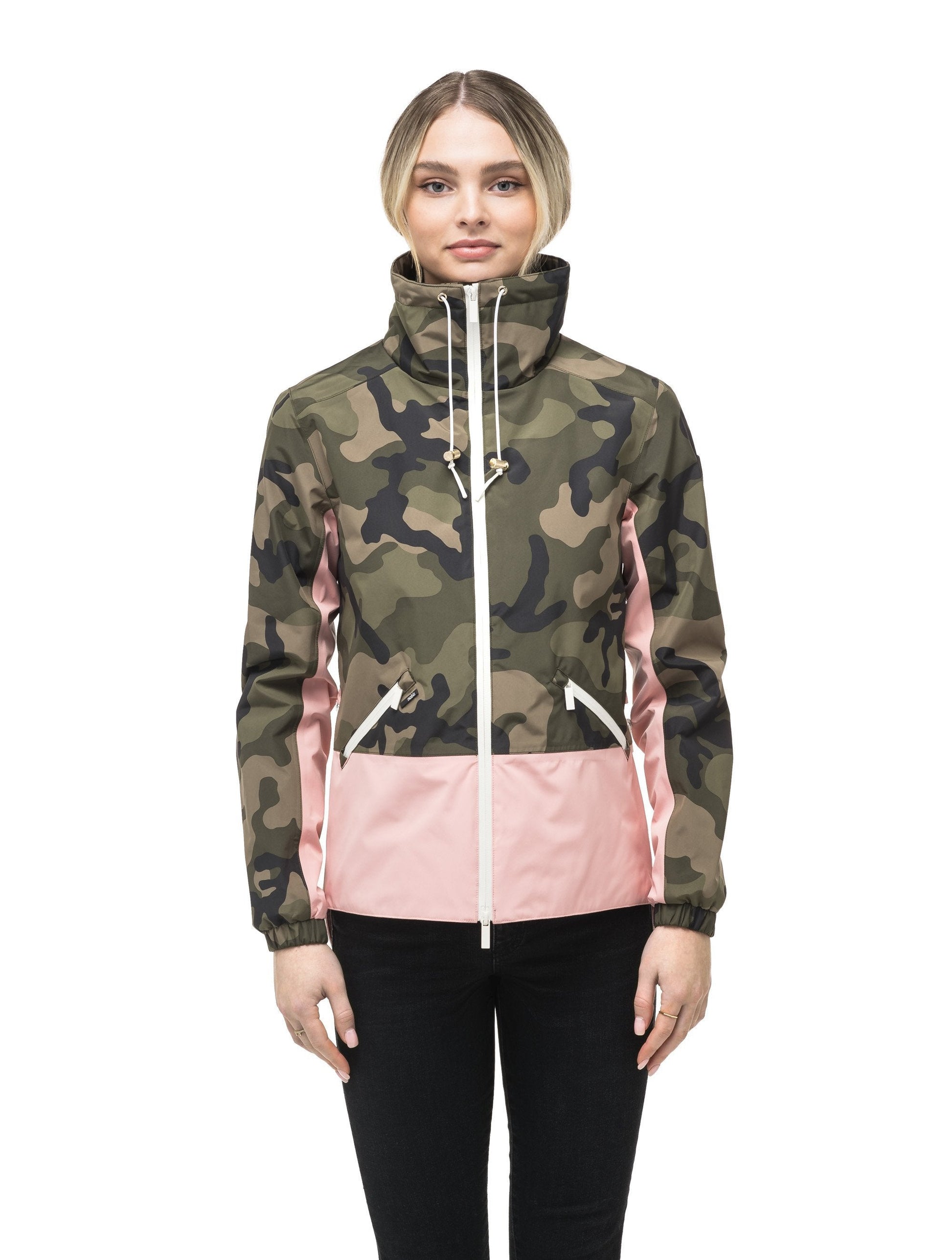 Leah waist length women's jacket in the Camo/Shell Pink color