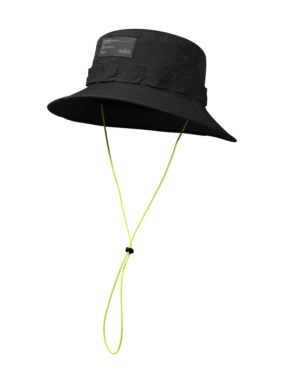 Black bucket hat with a chin strap on a white background