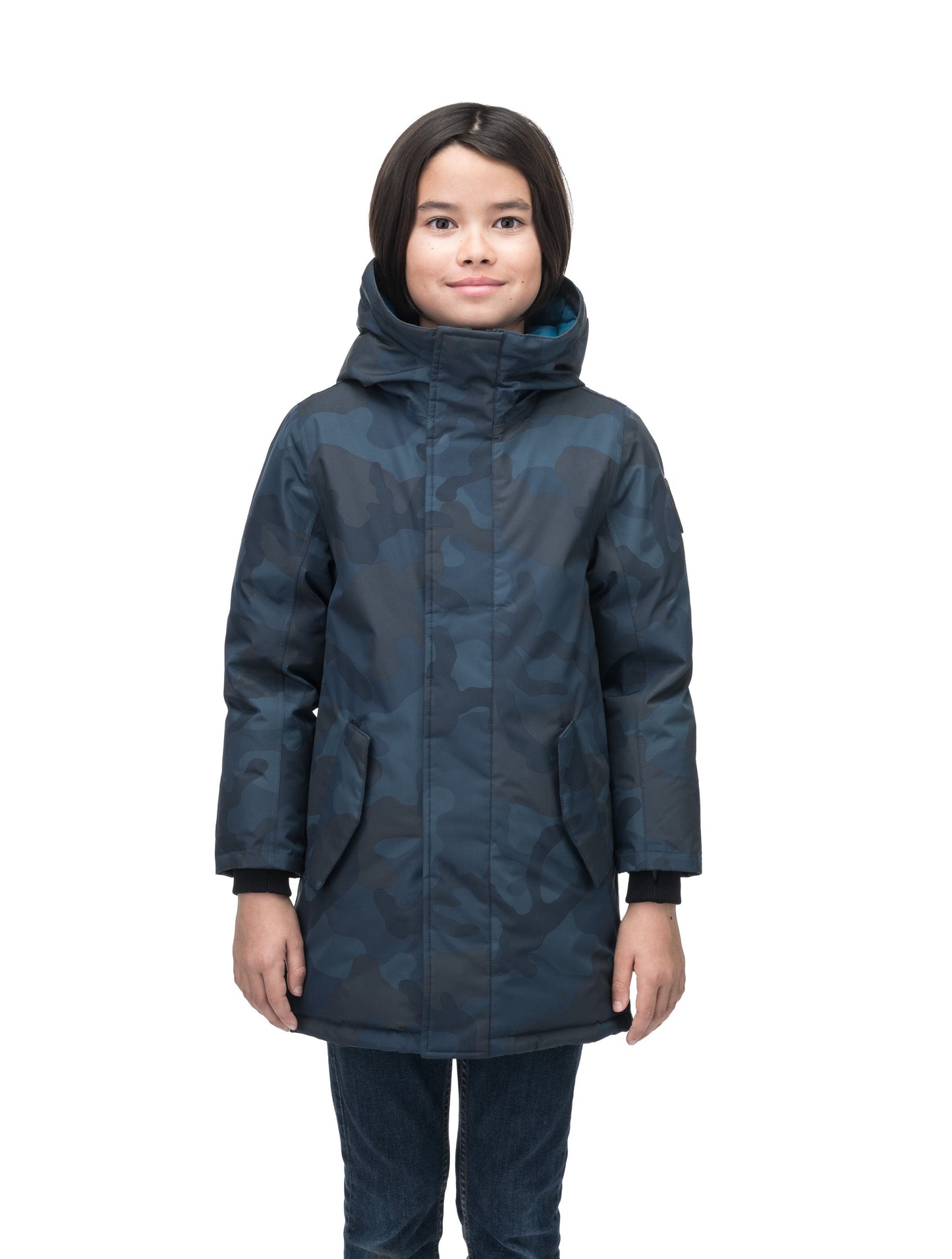 Kids' thigh length down-filled parka with non-removable hood and removable coyote fur trim in Navy Camo