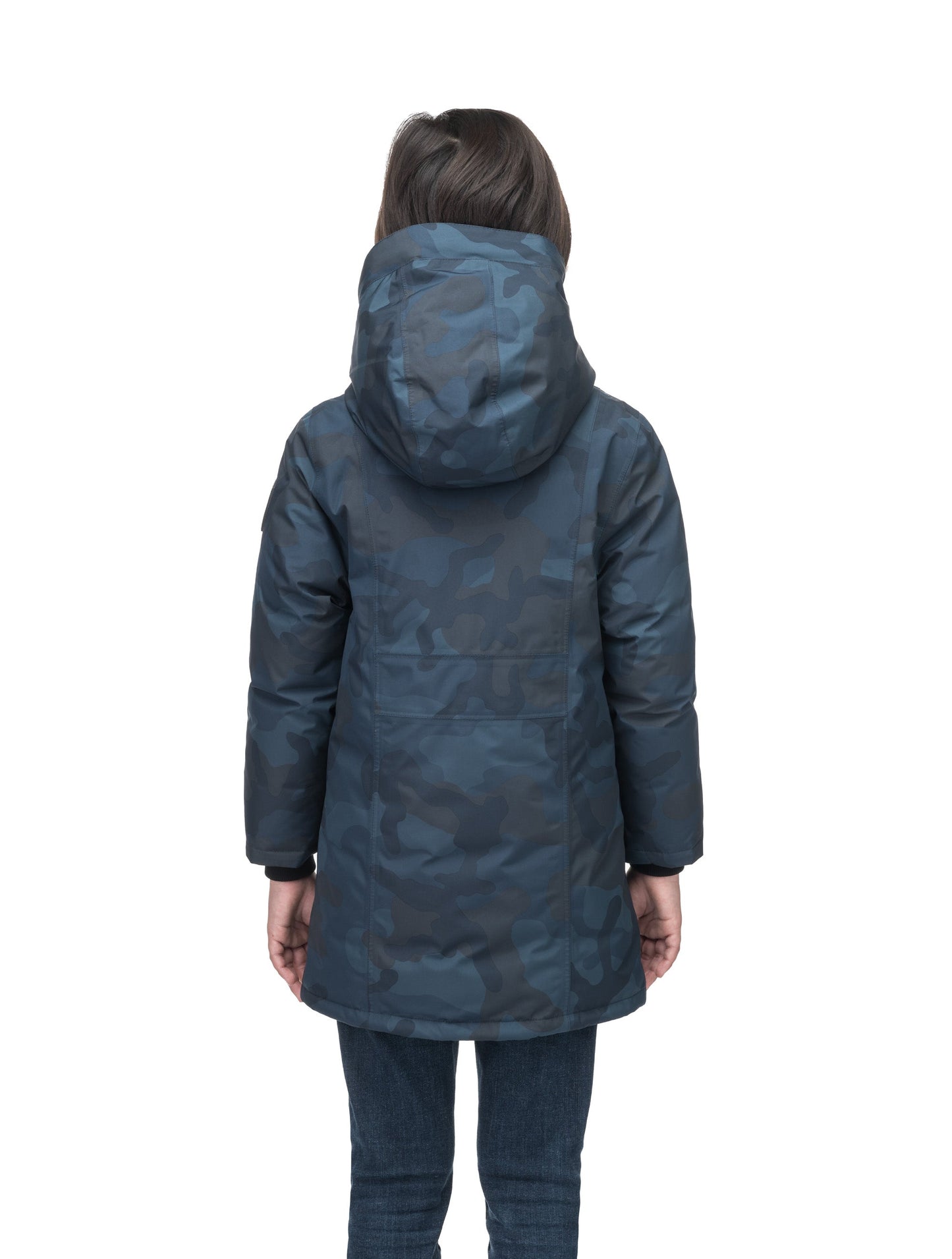 Kids' thigh length down-filled parka with non-removable hood and removable coyote fur trim in Navy Camo