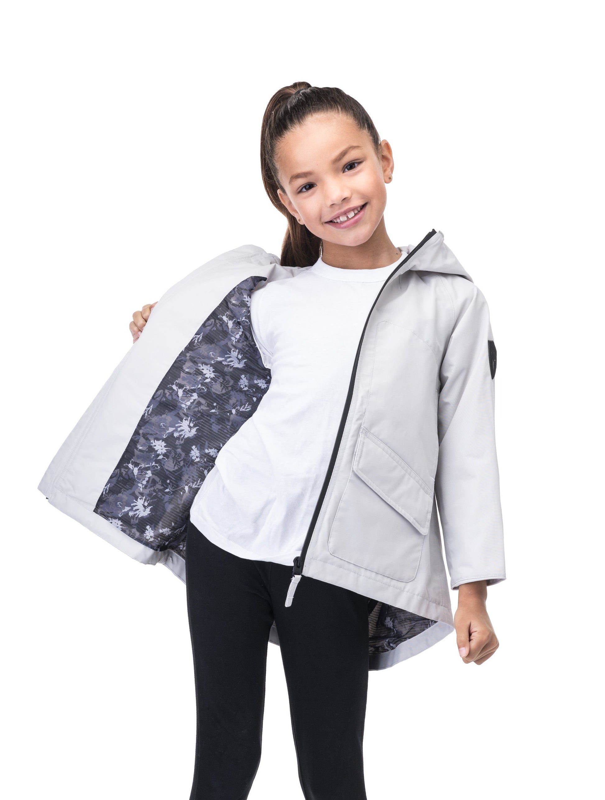 Kid's hip length fishtail rain jacket with hood in Light Grey