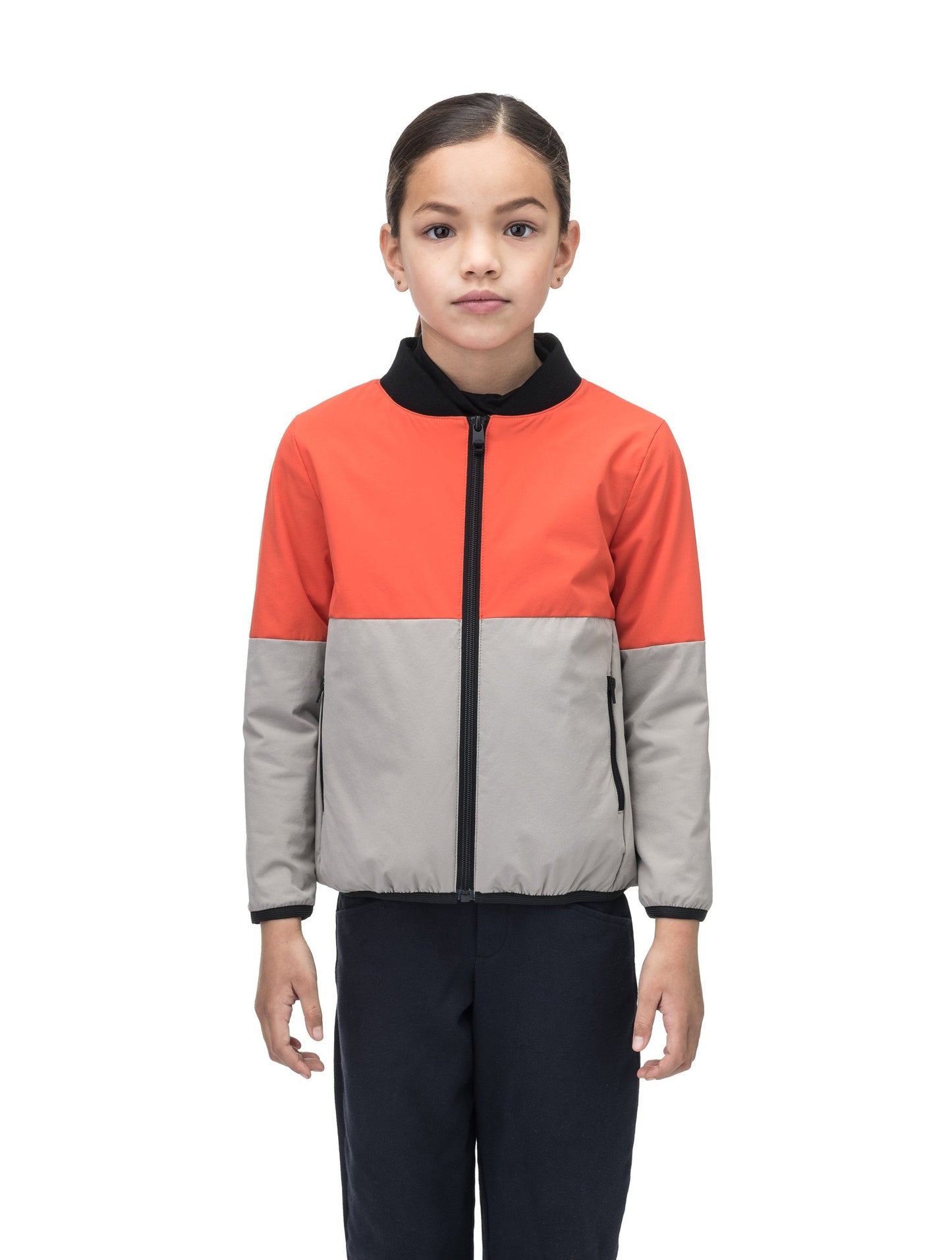 Little Ursa Kids Mid Layer Jacket in hip length, Primaloft Gold Insulation Active, ribbed collar, and two-way front zipper, in Terracotta