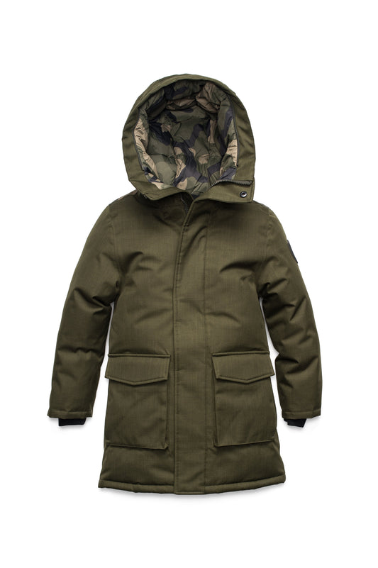 Kids' thigh length down-filled parka with non-removable hood and removable coyote fur trim in Fatigue + Fatigue