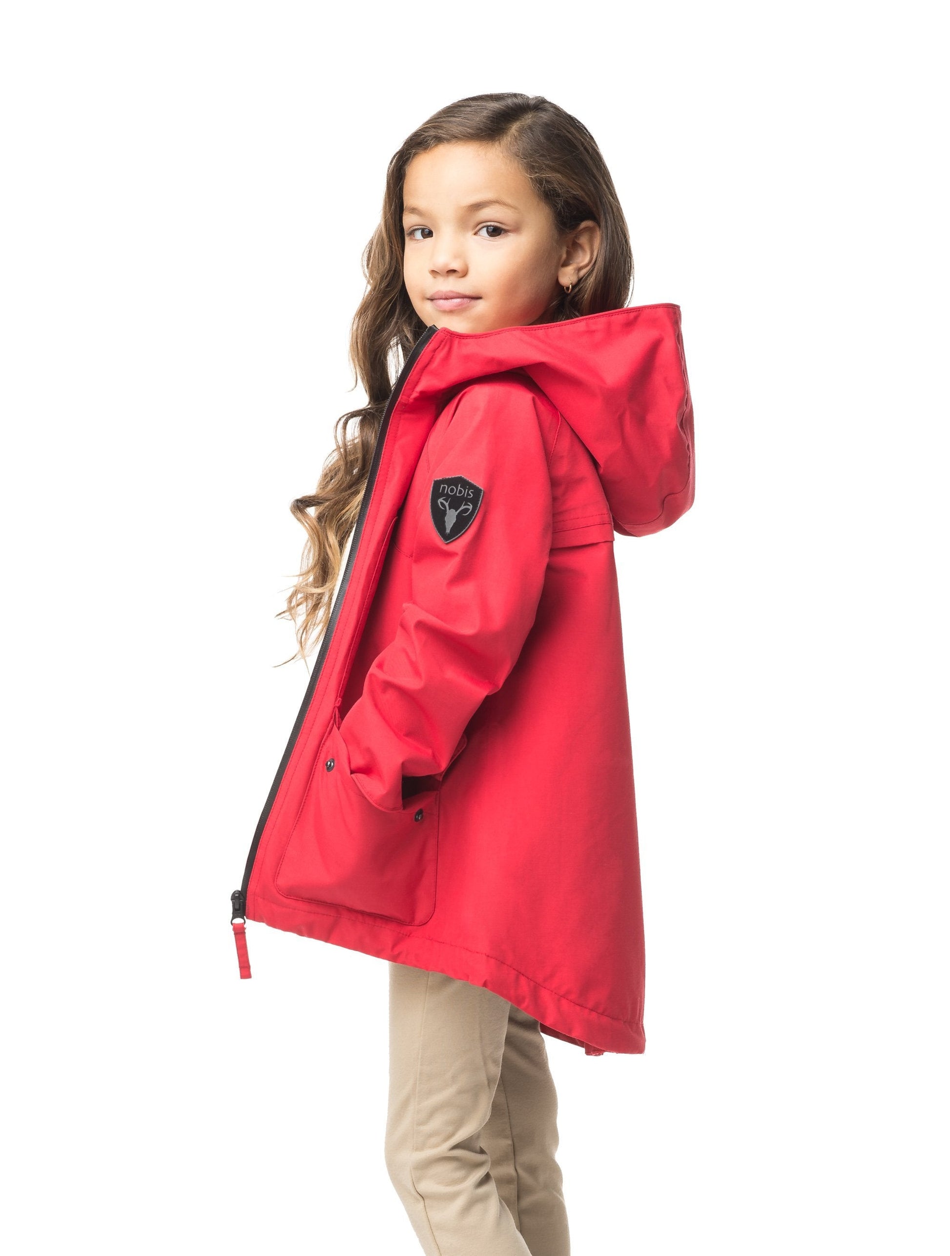 Kid's hip length fishtail rain jacket with hood in Red