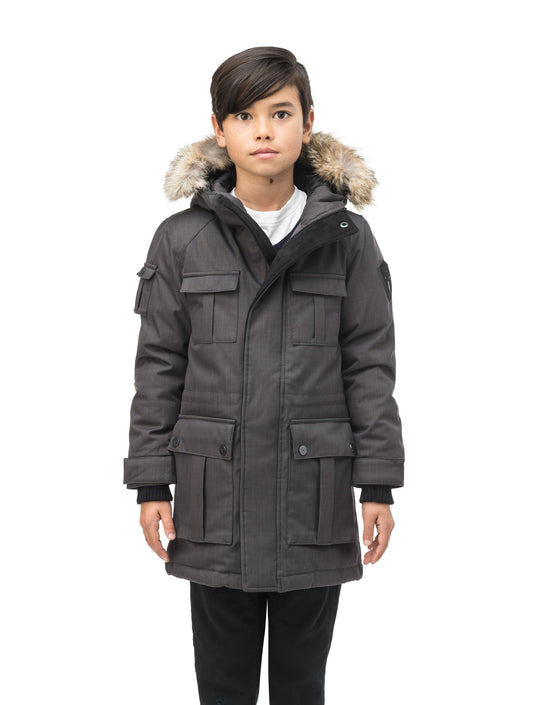 Kid's knee length parka with magnetized closure in CH Steel Grey