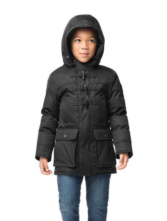 Kid's thigh high down coat with toggle closures in CH Black + CH Black