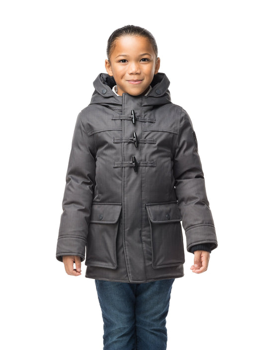 Kid's thigh high down coat with toggle closures in CH Steel Grey + CH Steel Grey