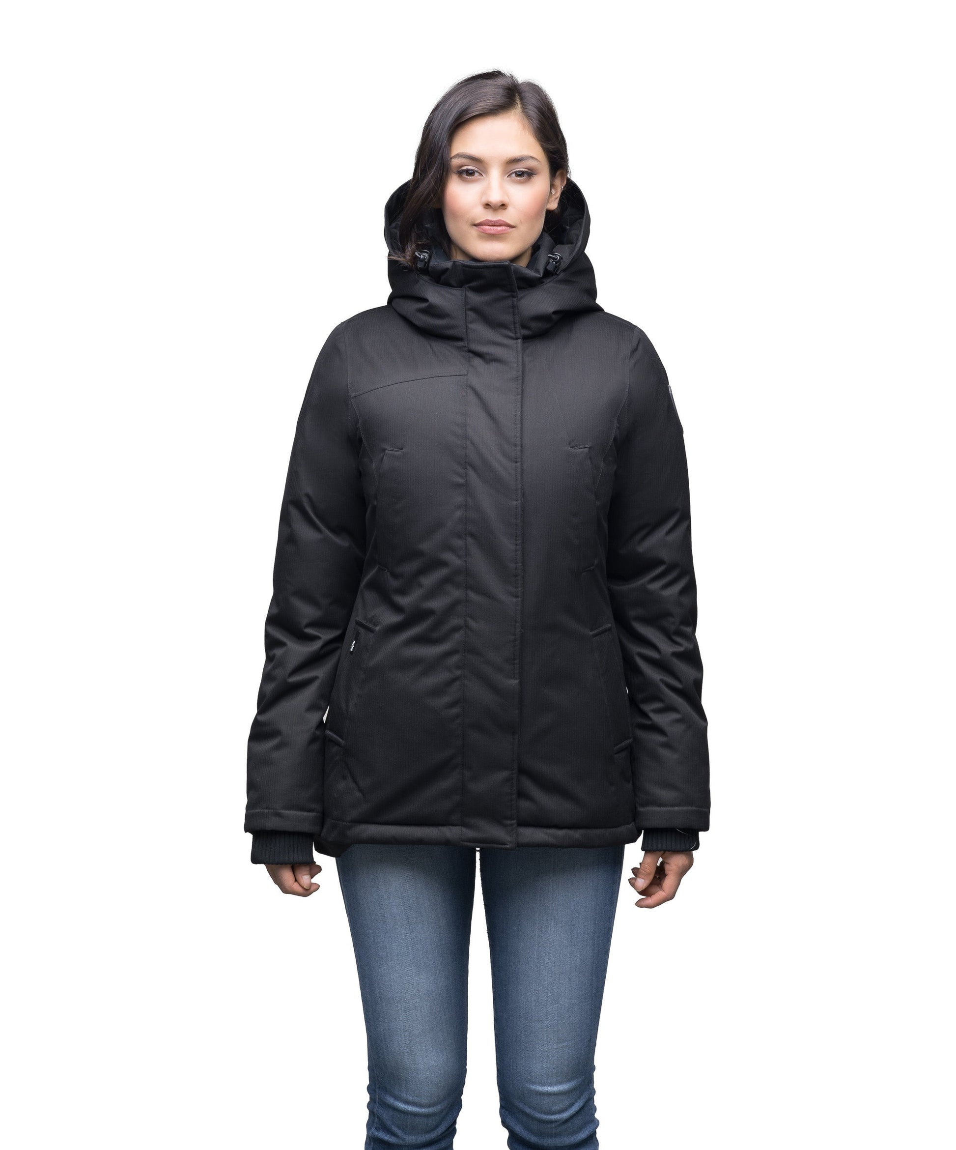 Women's hip length down filled parka with non-removable hood in CH Black