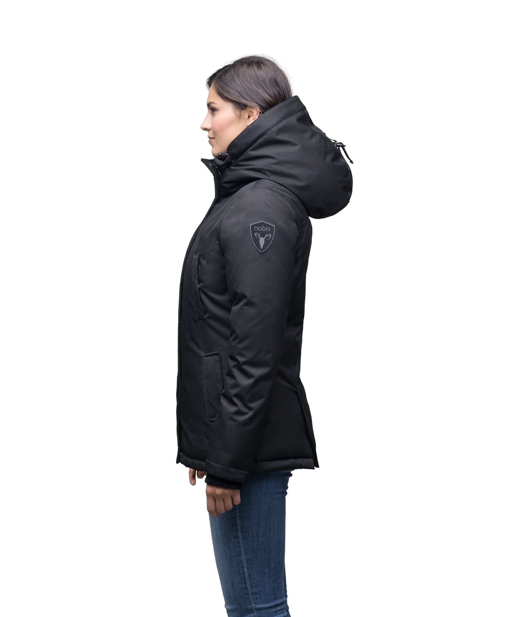 Women's hip length down filled parka with non-removable hood in CH Black