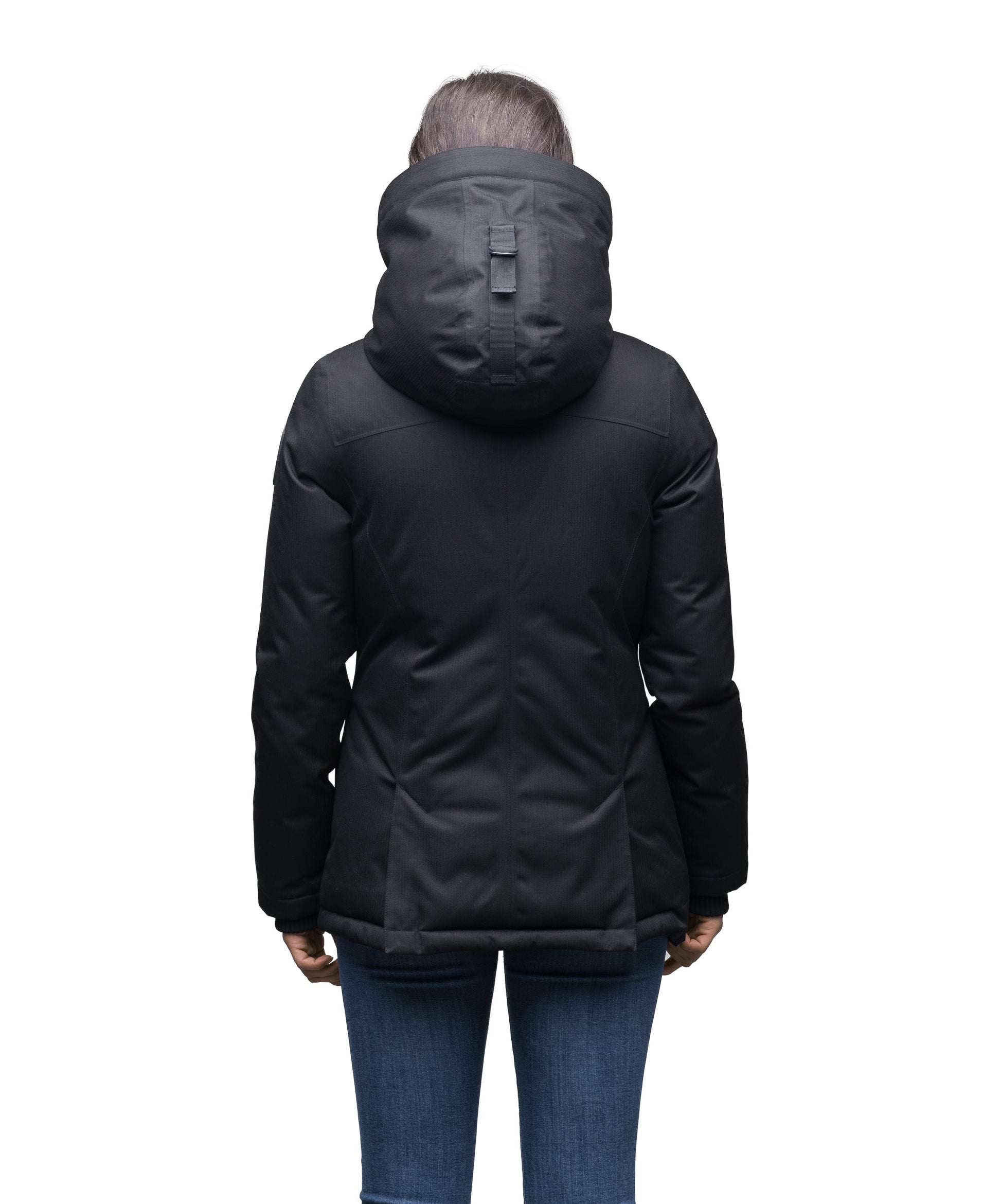 Women's hip length down filled parka with non-removable hood in CH Black