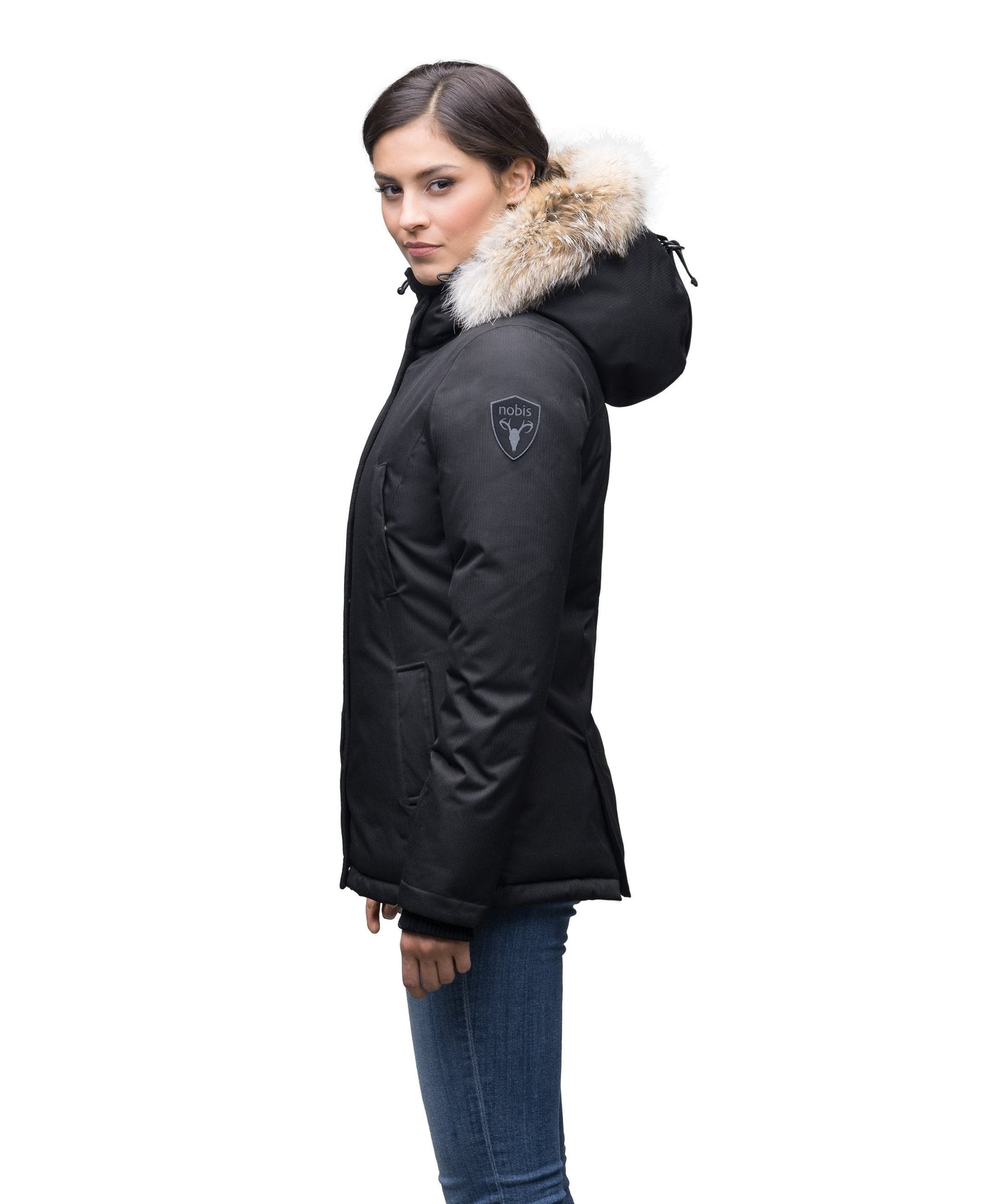 Women's hip length down filled parka in CH Black