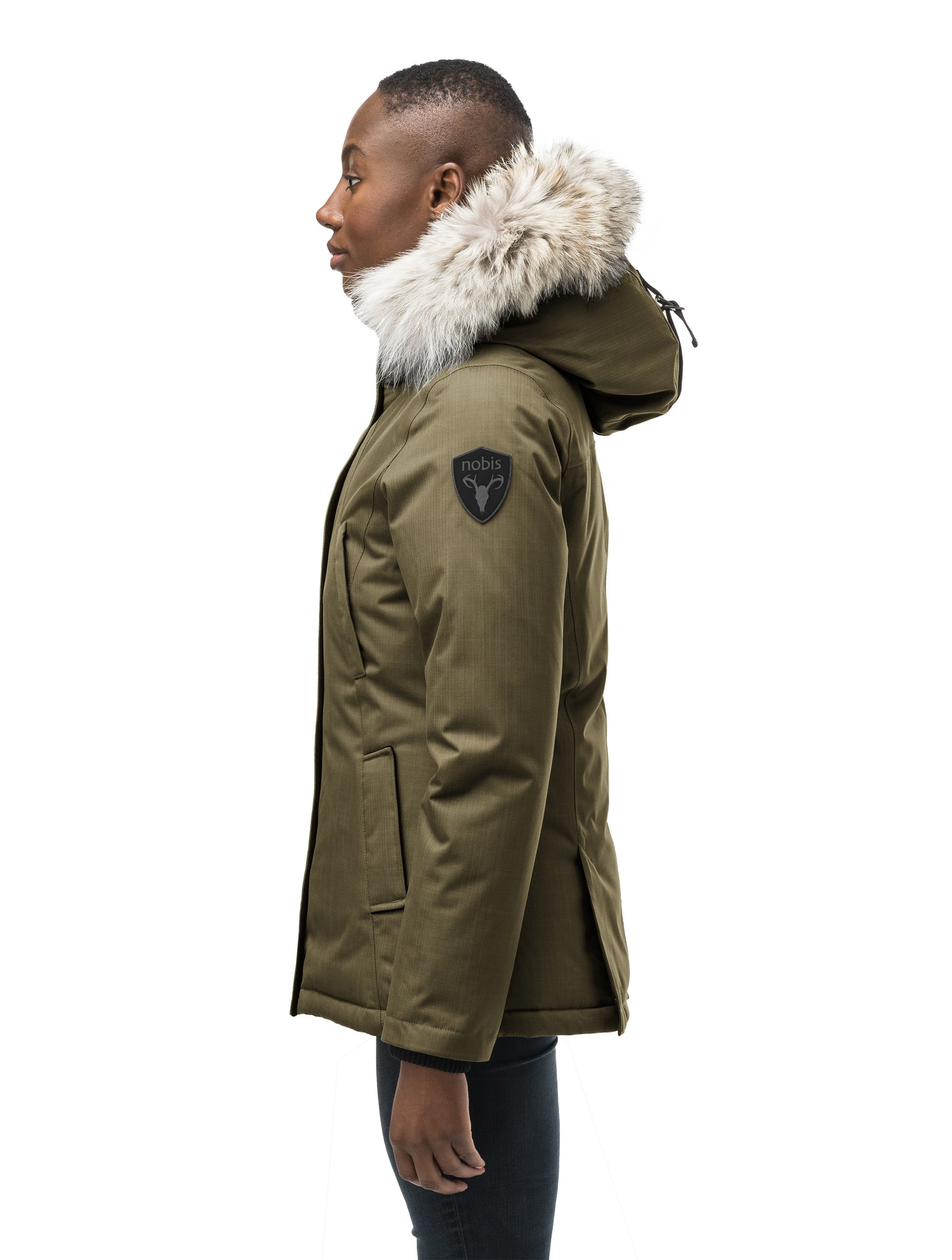 Women's hip length down filled parka in CH Army Green