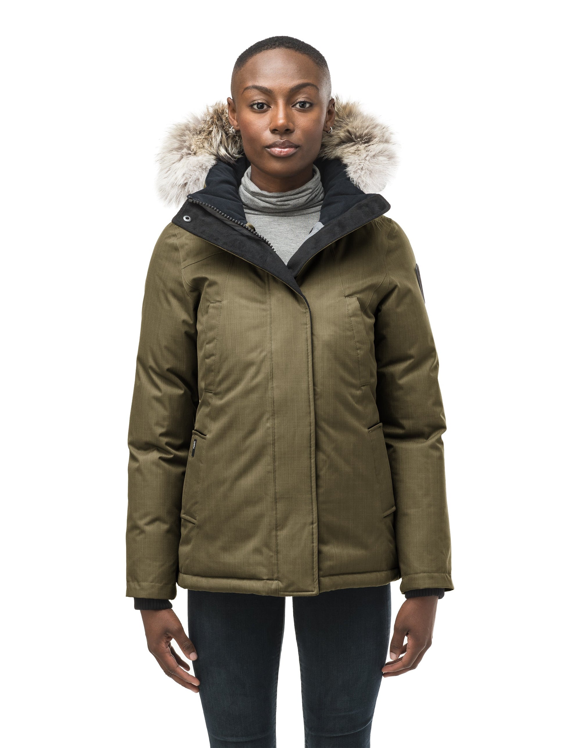 Women's hip length down filled parka in CH Army Green