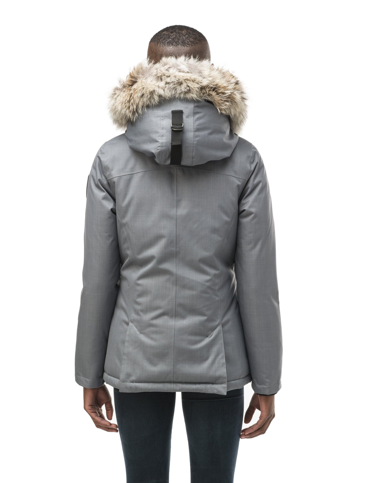 Women's hip length down filled parka in CH Concrete