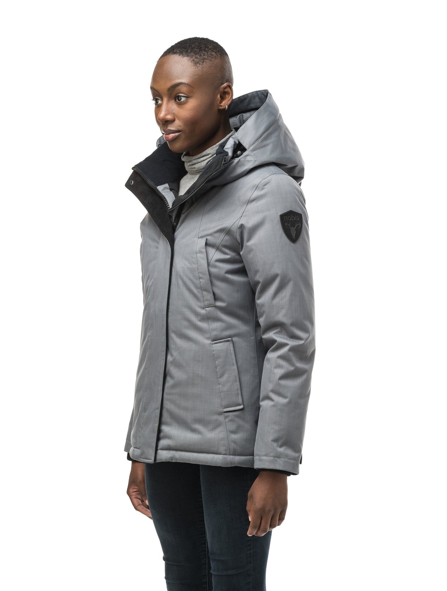 Women's hip length down filled parka in CH Concrete