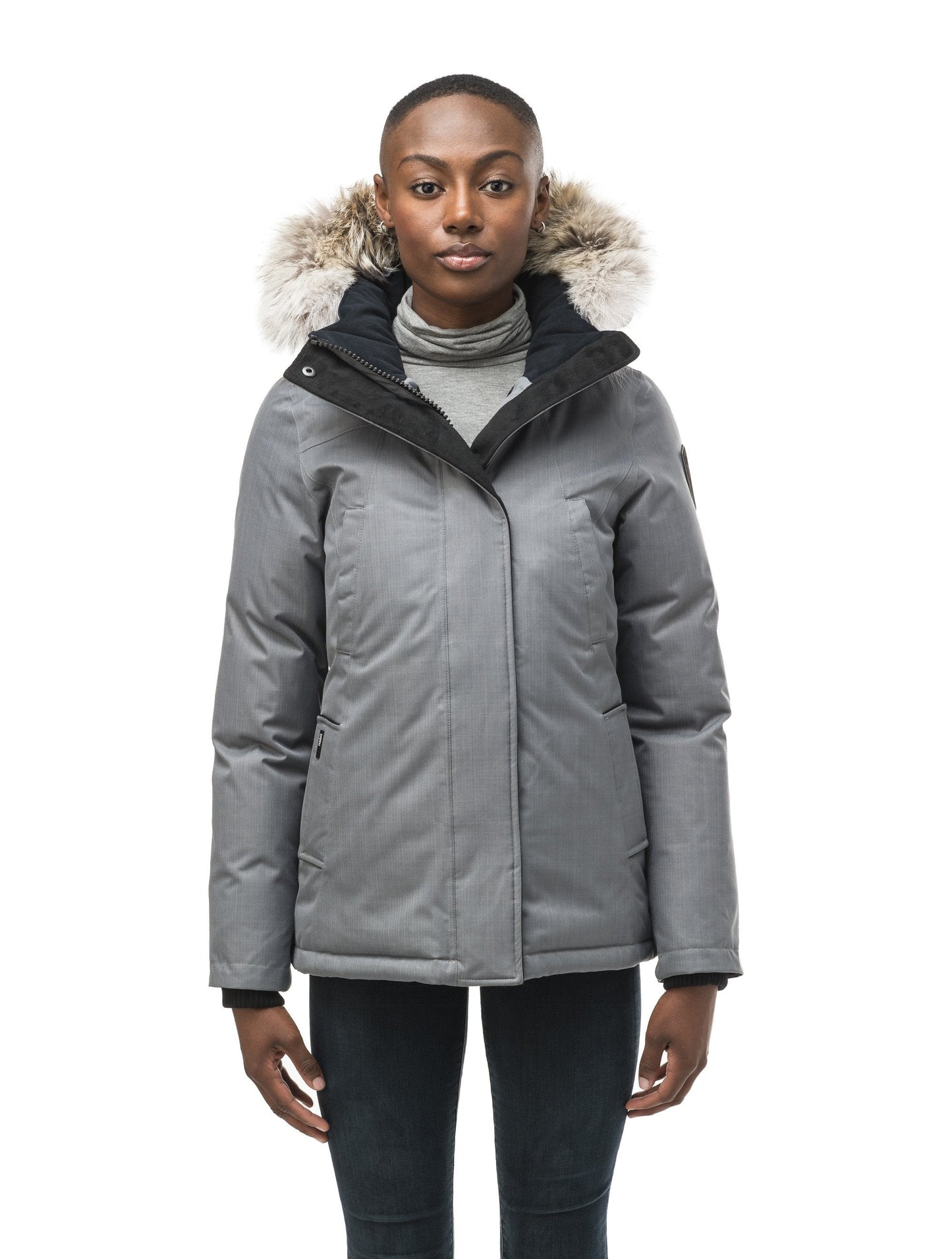 Women's hip length down filled parka in CH Concrete