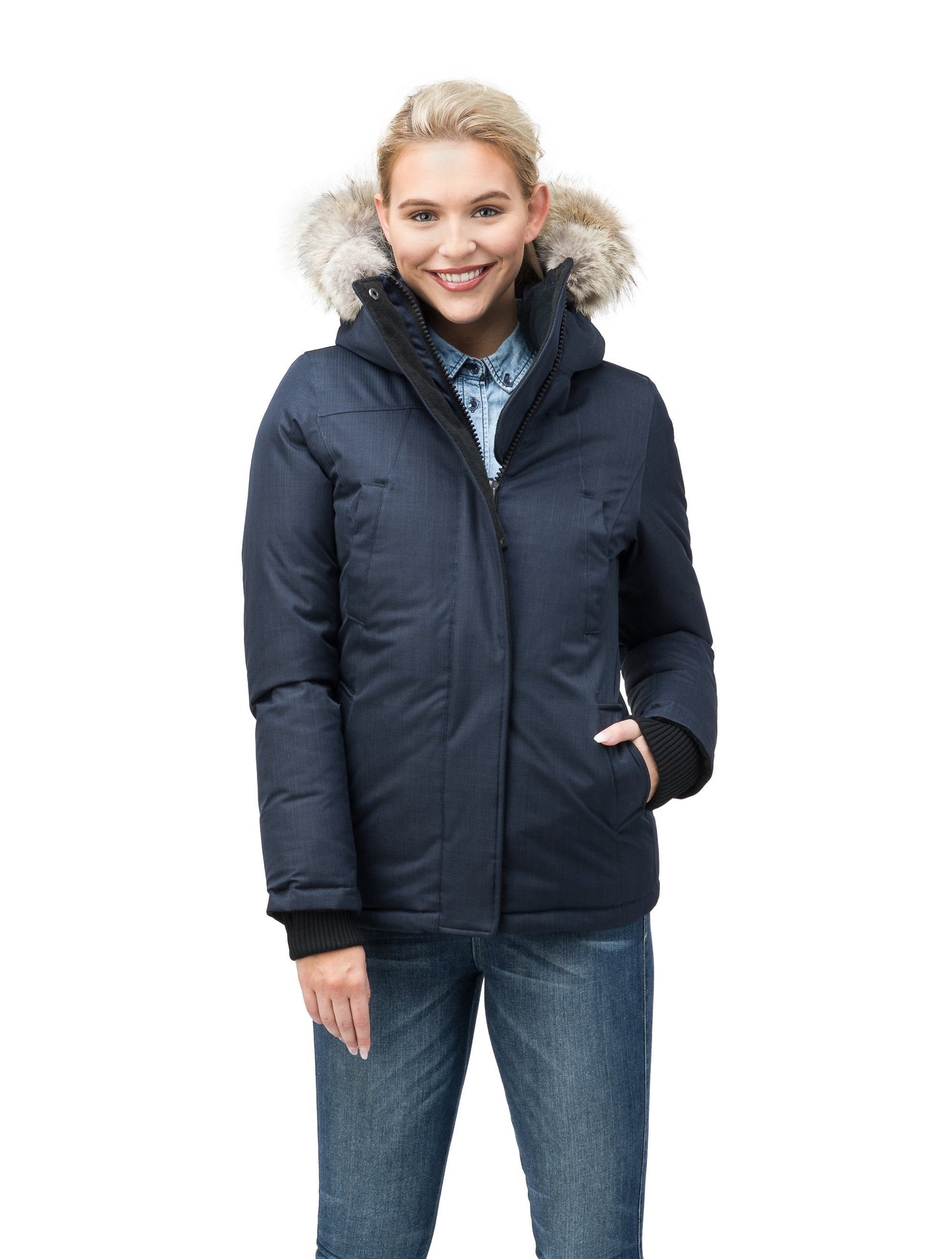 Women's hip length down filled parka in CH Navy