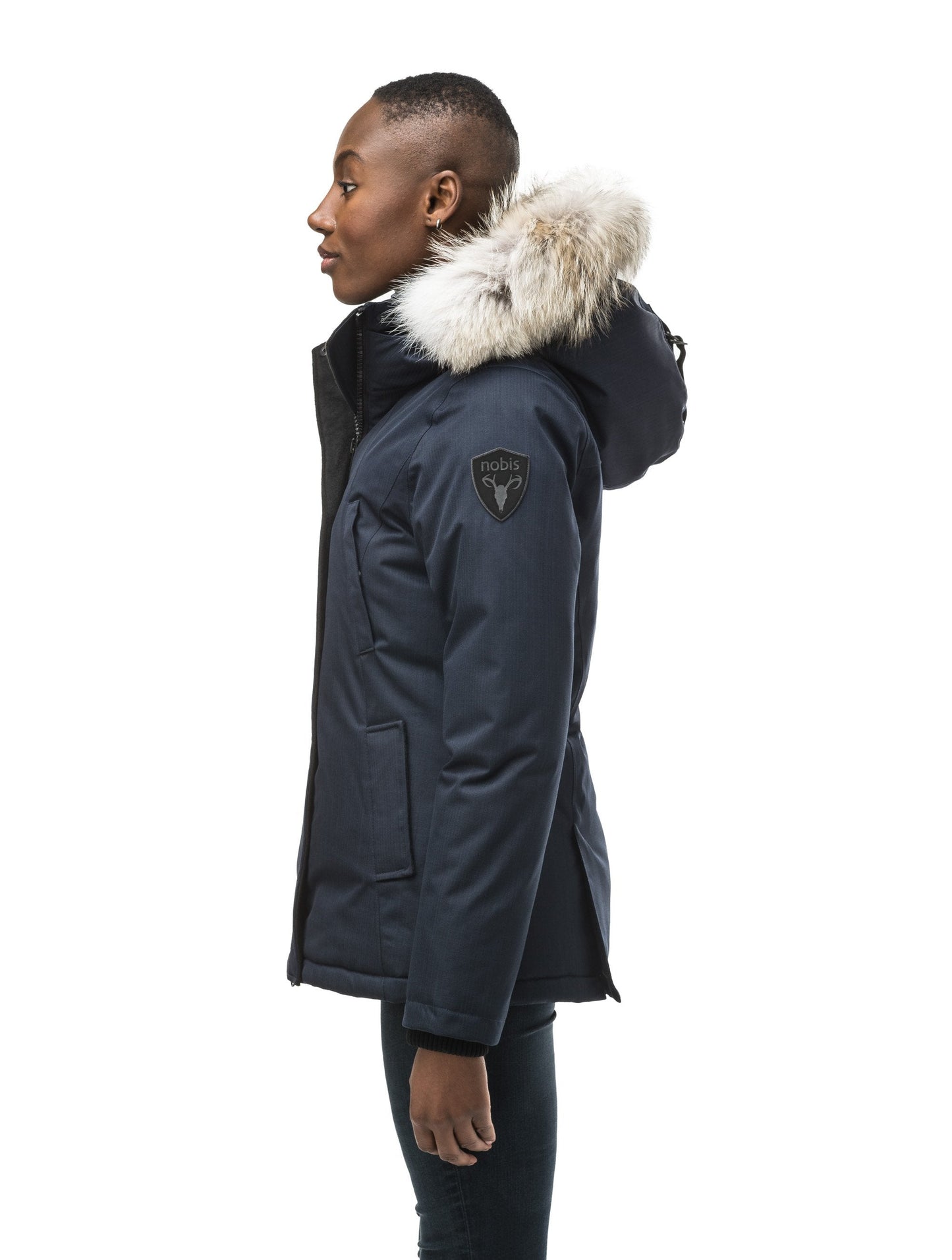 Women's hip length down filled parka in CH Navy