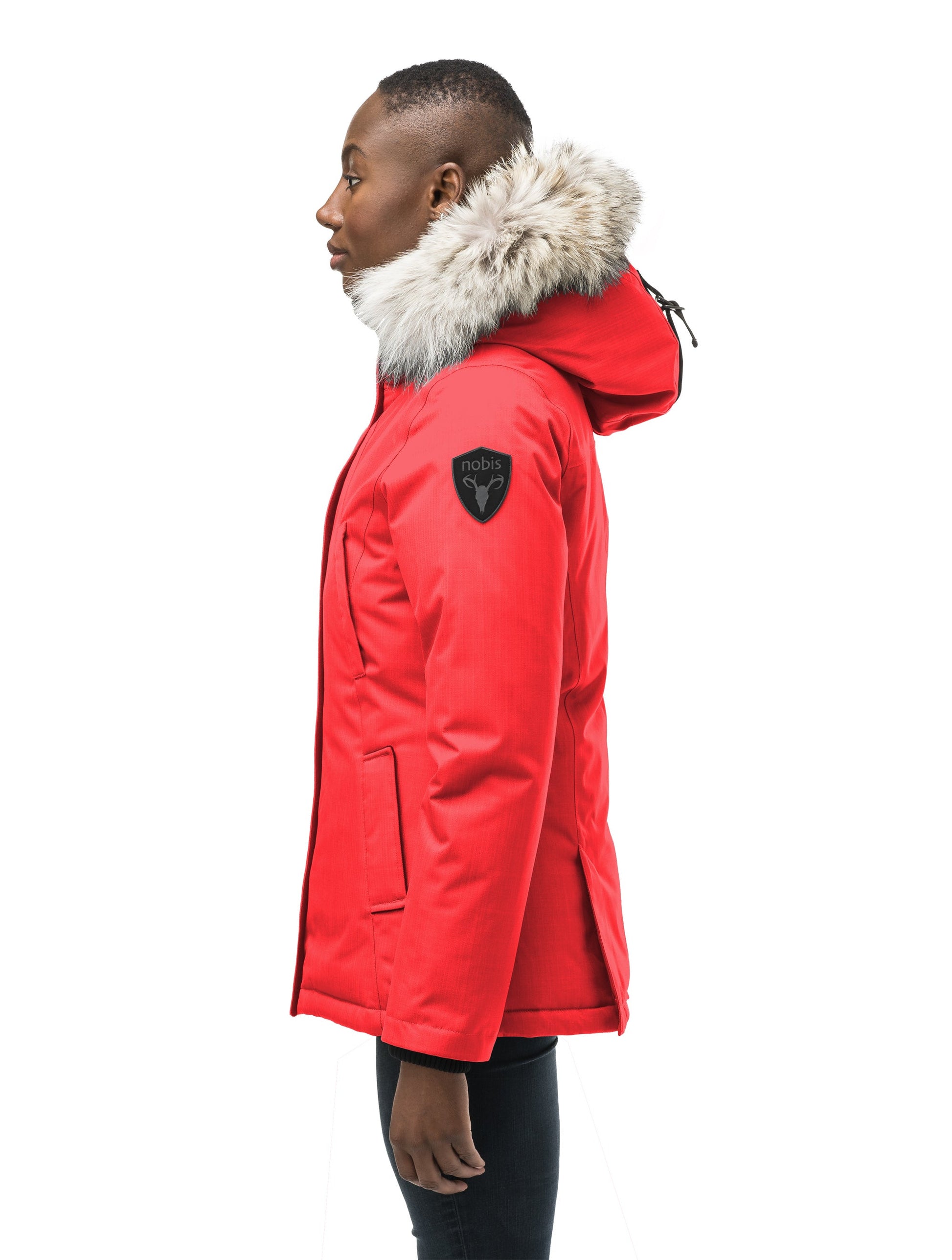 Women's hip length down filled parka in CH Red