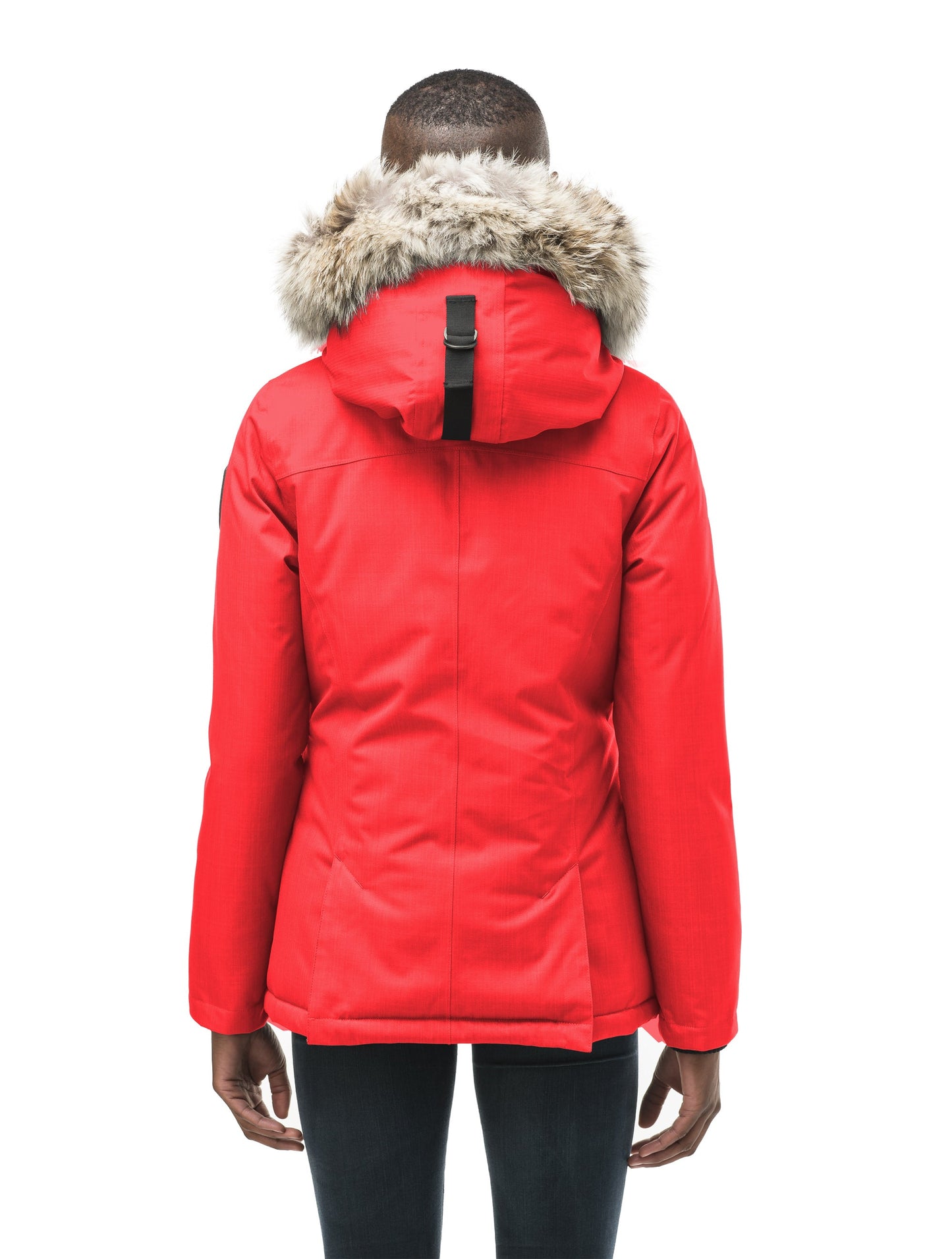 Women's hip length down filled parka in CH Red