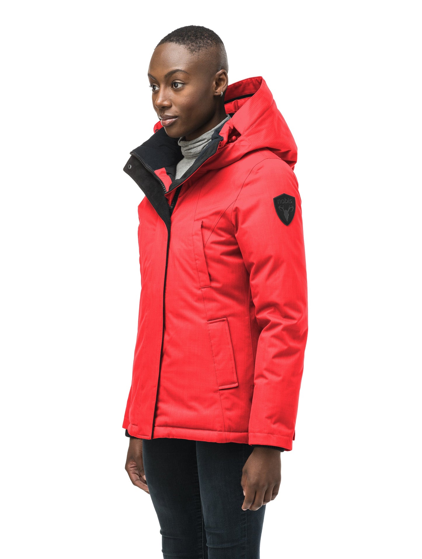 Women's hip length down filled parka in CH Red