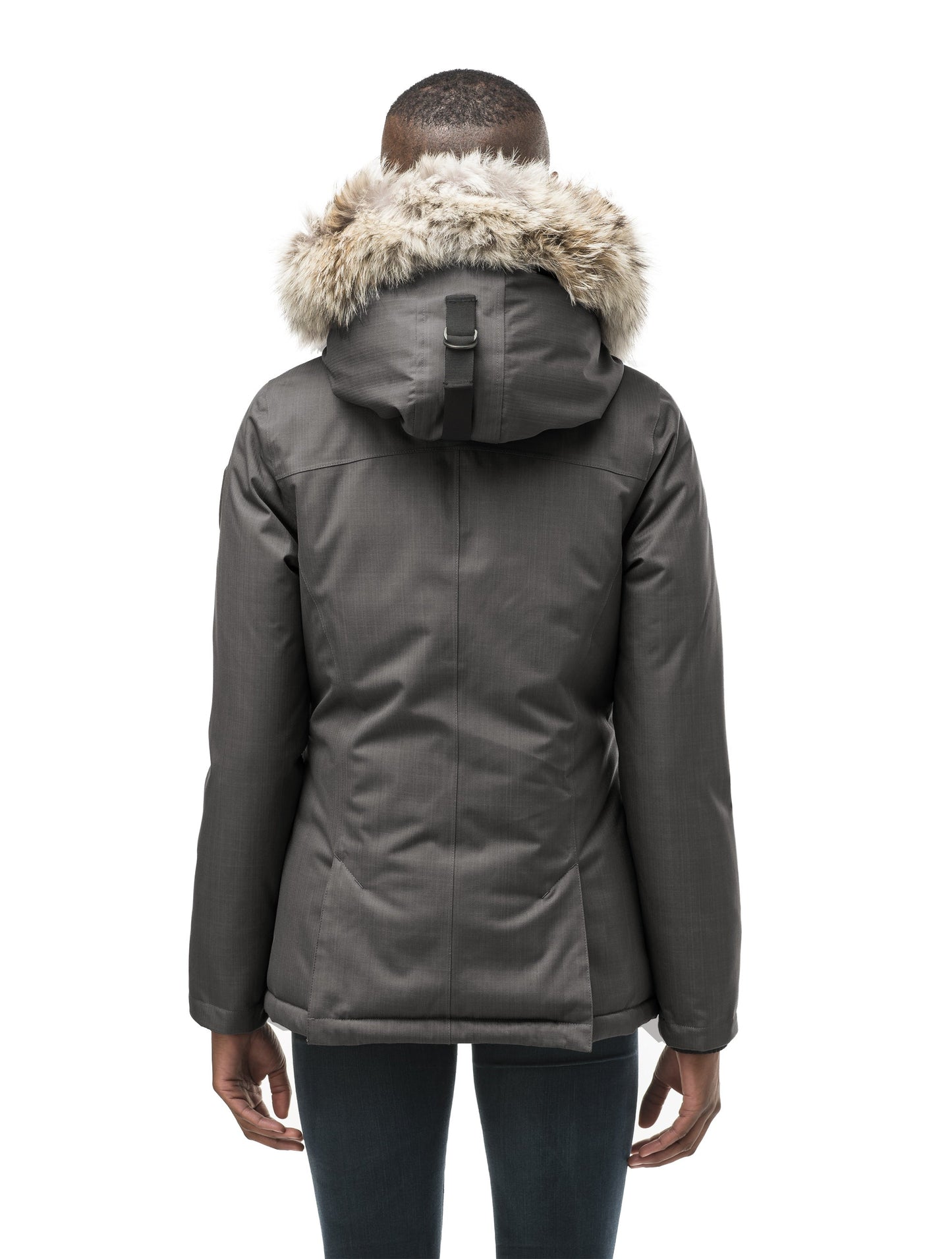 Women's hip length down filled parka in CH Steel Grey