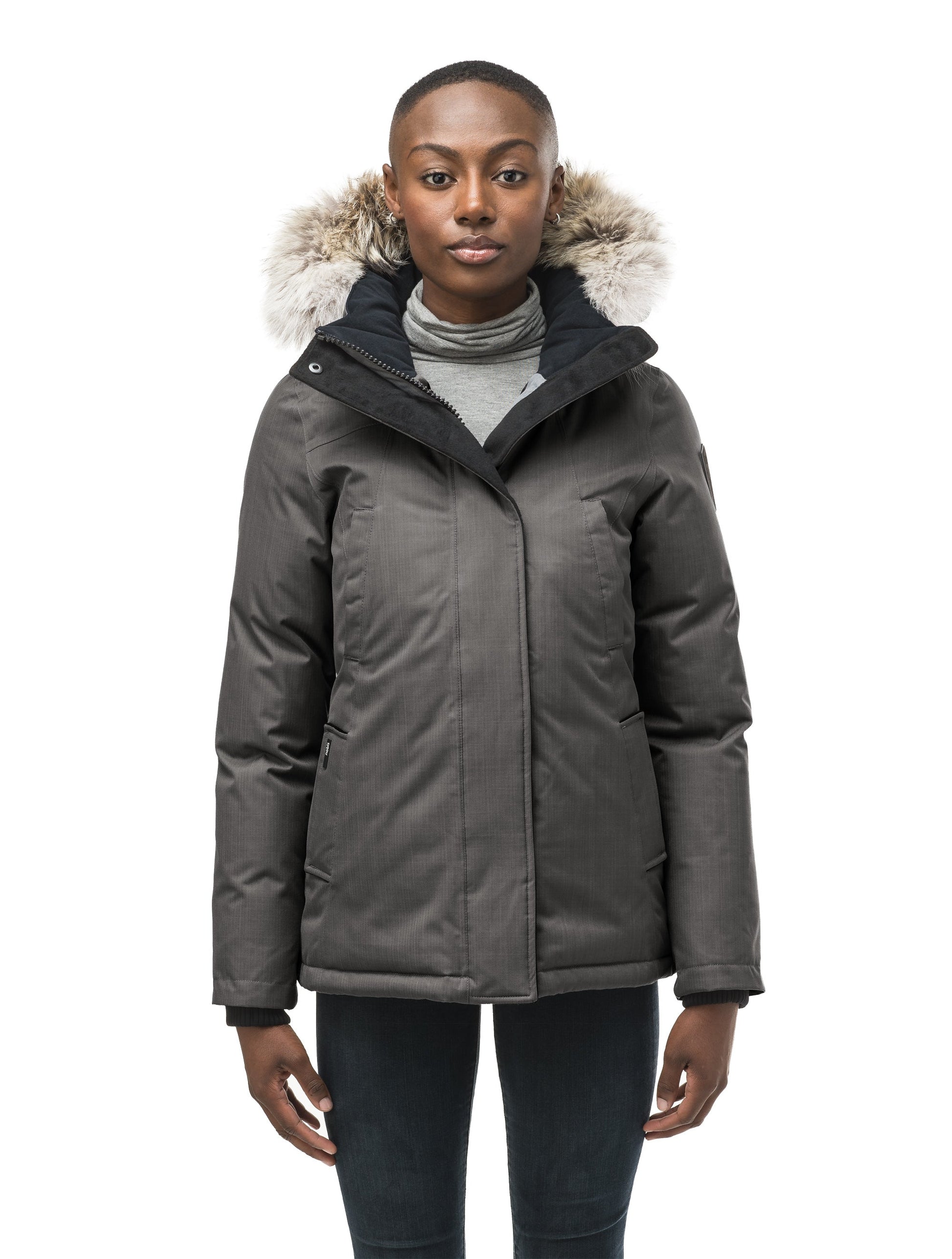 Women's hip length down filled parka in CH Steel Grey