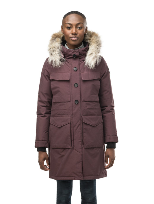 Women's knee length down filled parka with two chest patch pockets and two waist patch pockets in Burgundy + Burgundy