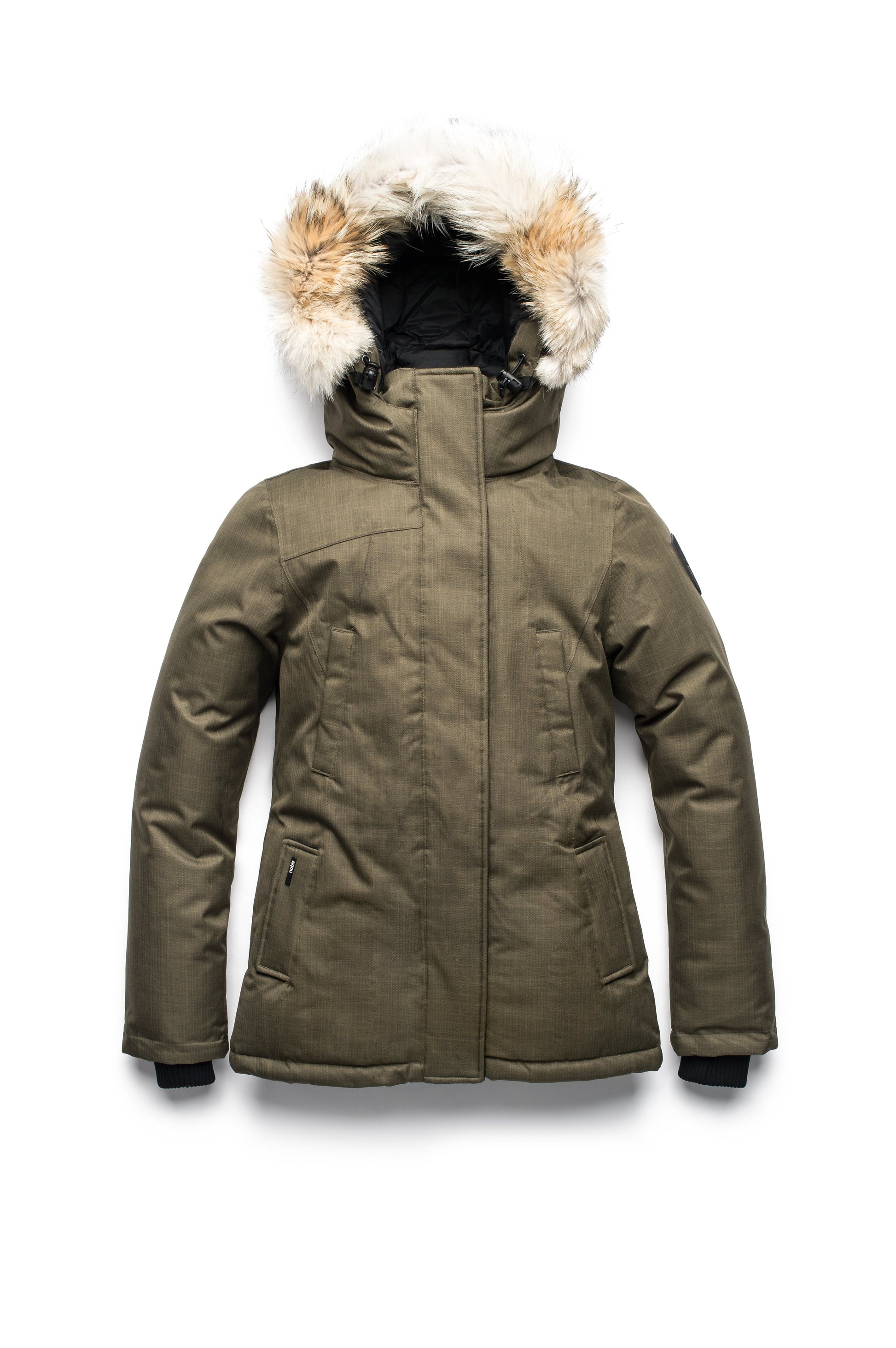 Women's hip length down filled parka in CH Army Green