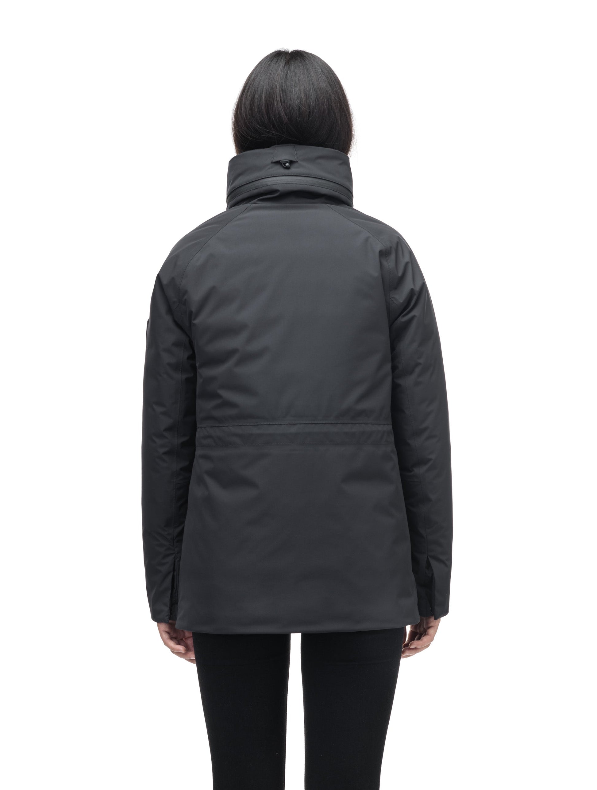 Litho Ladies Short Parka in hip length, Canadian duck down insulation, tuckable waterproof hood, and two-way zipper, in Black