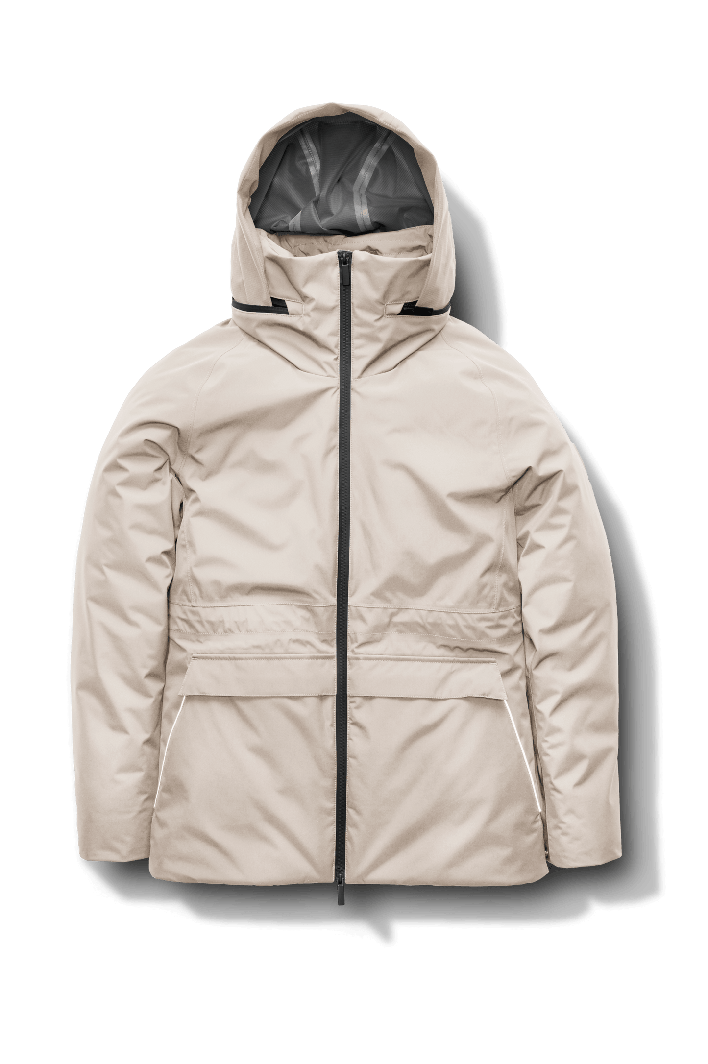 Litho Ladies Short Parka in hip length, Canadian duck down insulation, tuckable waterproof hood, and two-way zipper, in Clay