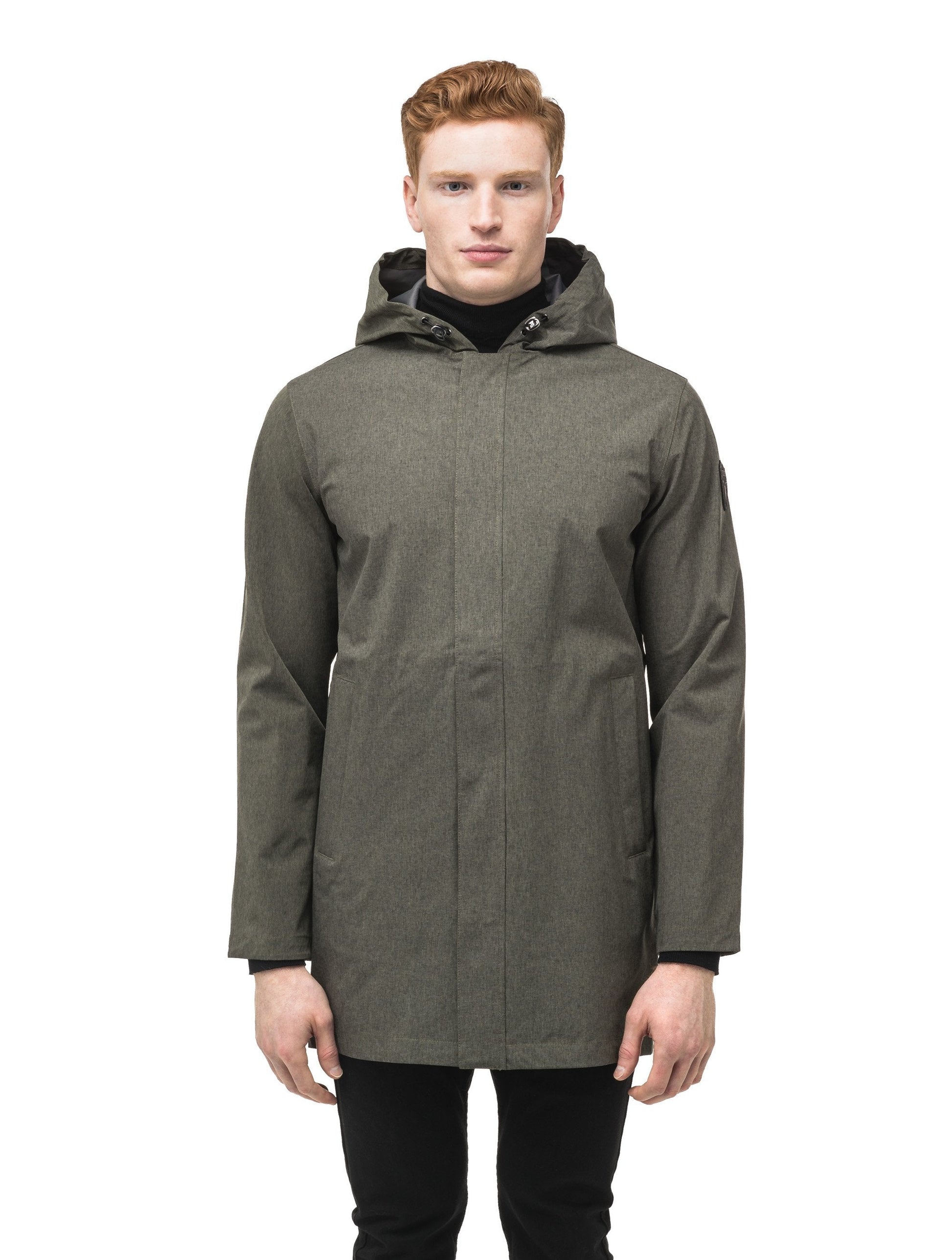 Men's thigh length rain coat with hood in Army Green